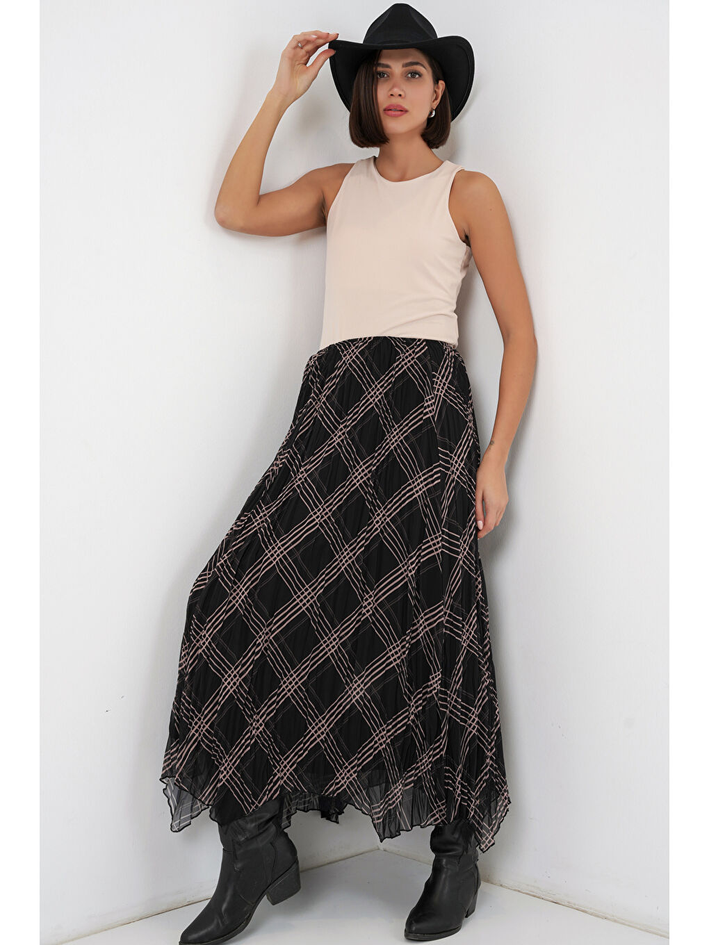 Kadın Asimetrik Kesim Şifon Etek 8056 - Siyah-4