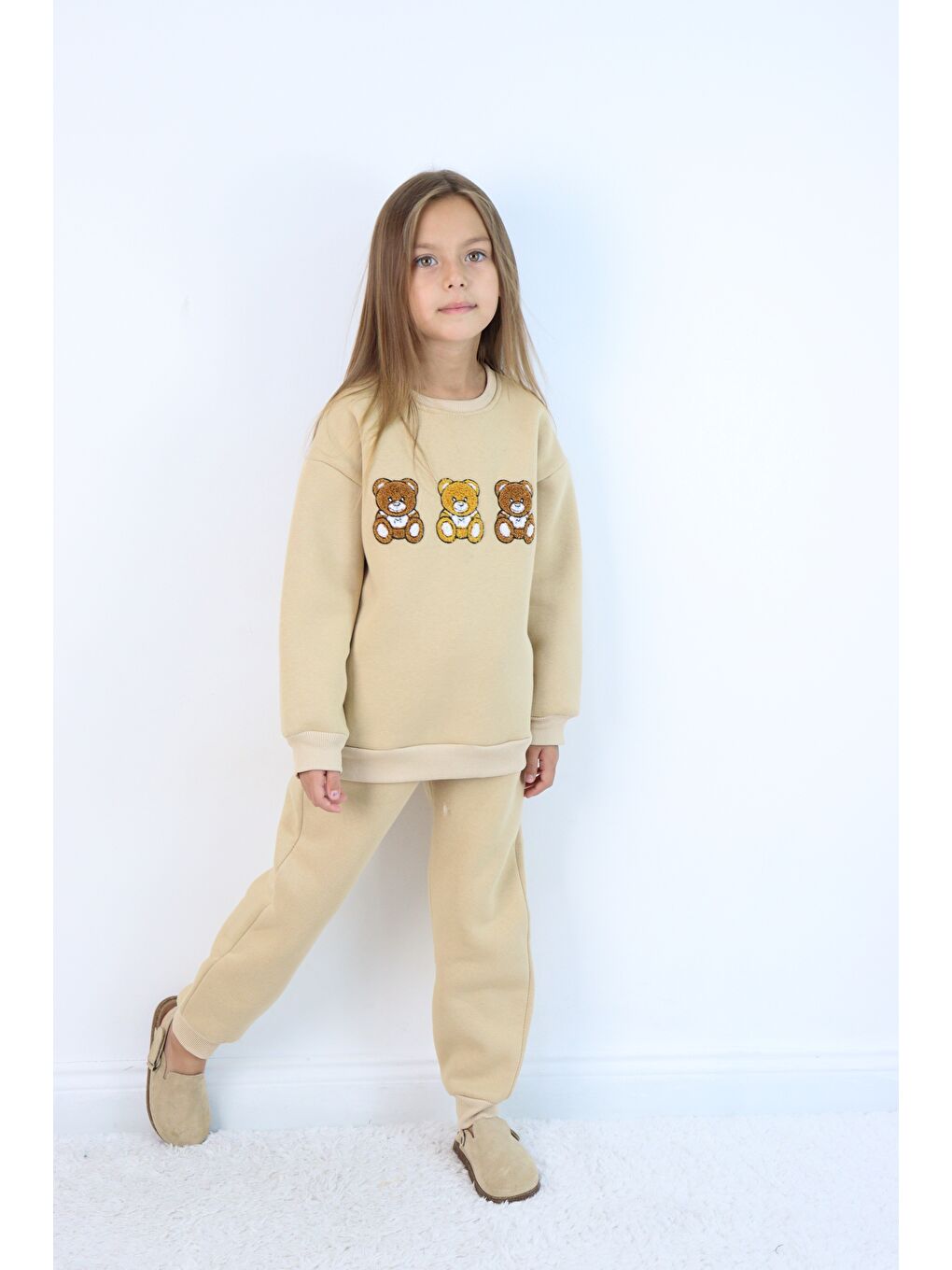 Ekru Kız Çocuk 3'lü Ayıcık Nakışlı 3 İplik Oversize Şardonlu Takım-2