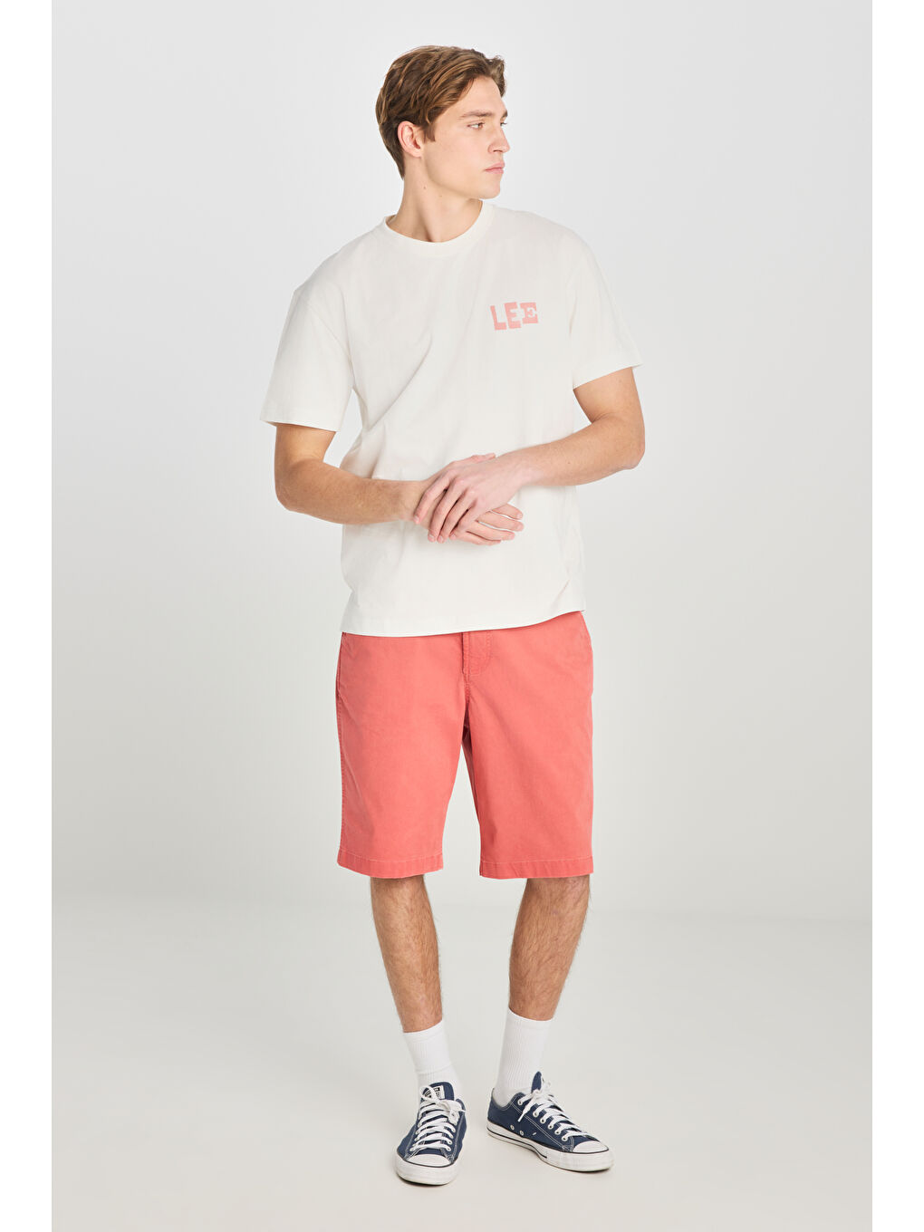 %100 Pamuk Relaxed Fit Geniş Kesim Bisiklet Yaka Ekru Tişört-1