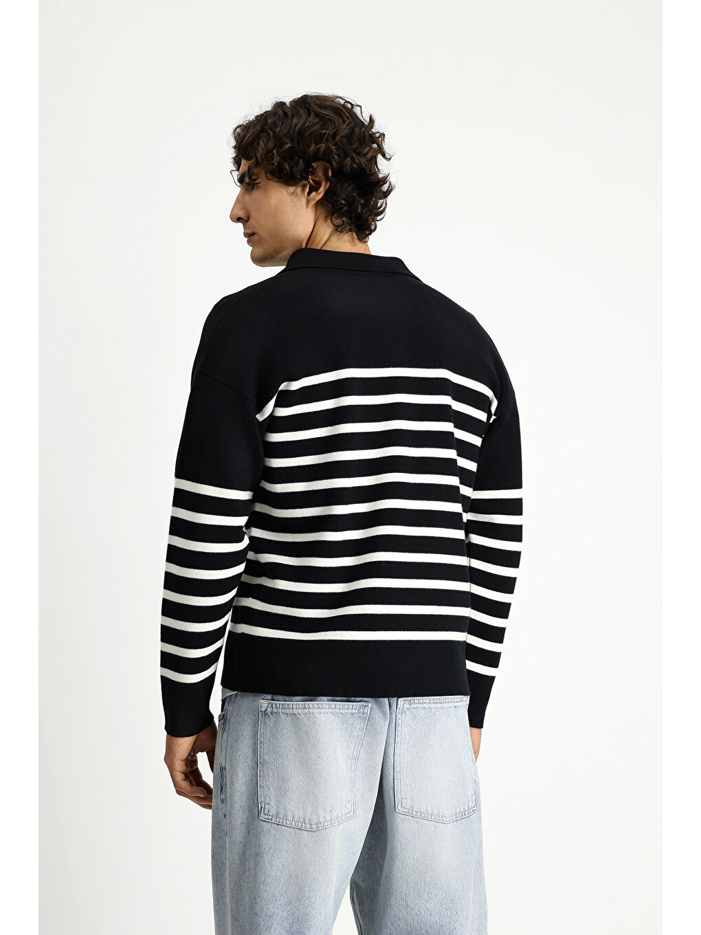 Siyah Polo Yaka Oversize Ekstra Rahat Kesim Çizgili Triko Kazak-4