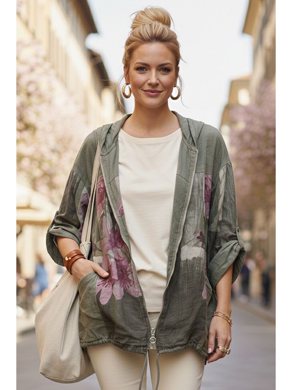 İtalyan Haki Kapüşonlu 3/4 Kol Fermuarlı Cepli Casual Keten Görünümlü Dokuma Ceket 68 65-1