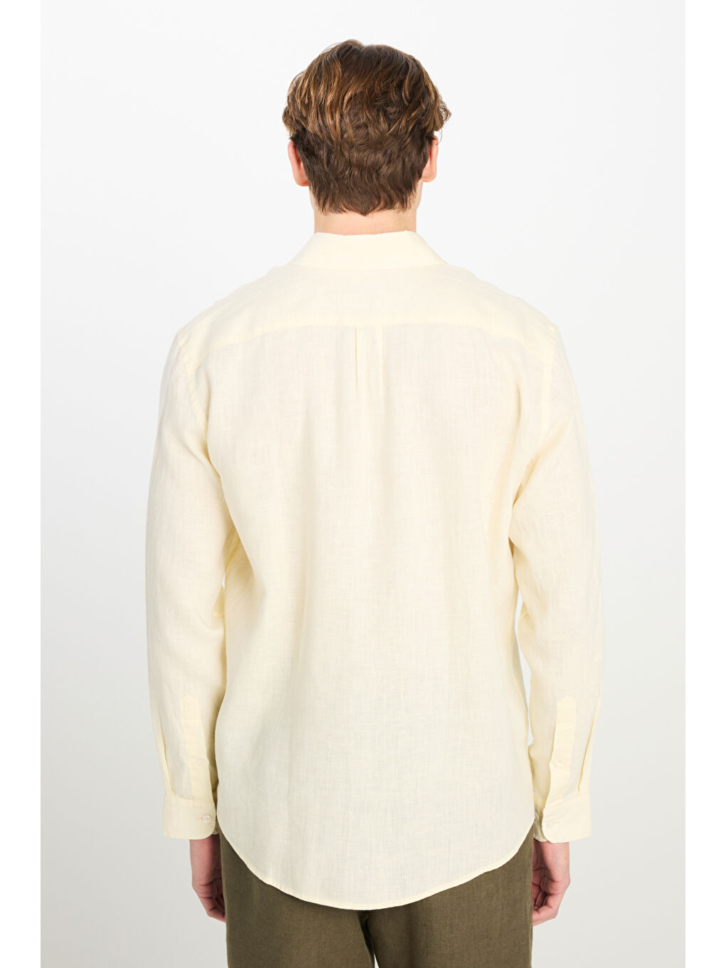 %100 Keten Regular Fit Normal Kesim Sarı Gömlek-4