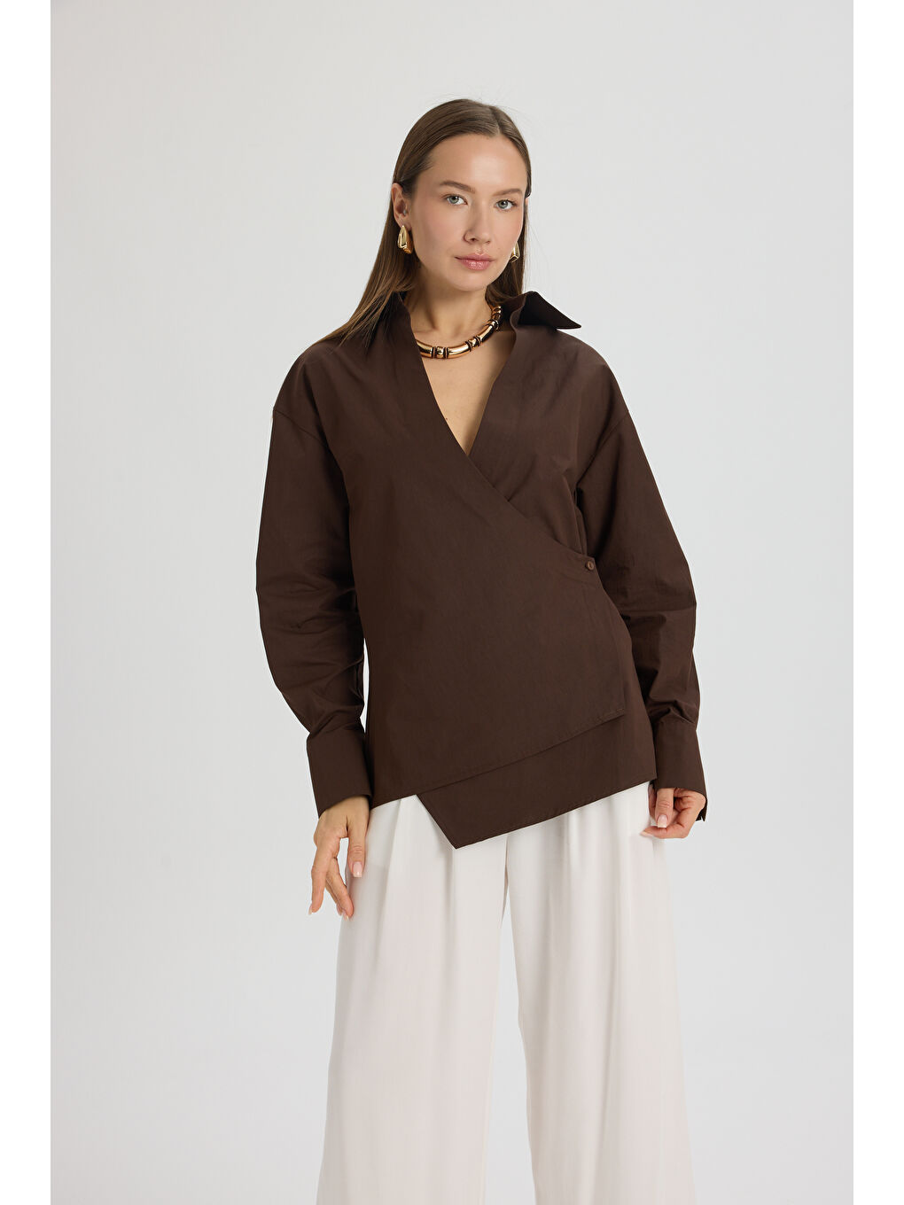 Kahverengi Bran Üçgen Kesim Kahve Gömlek-3