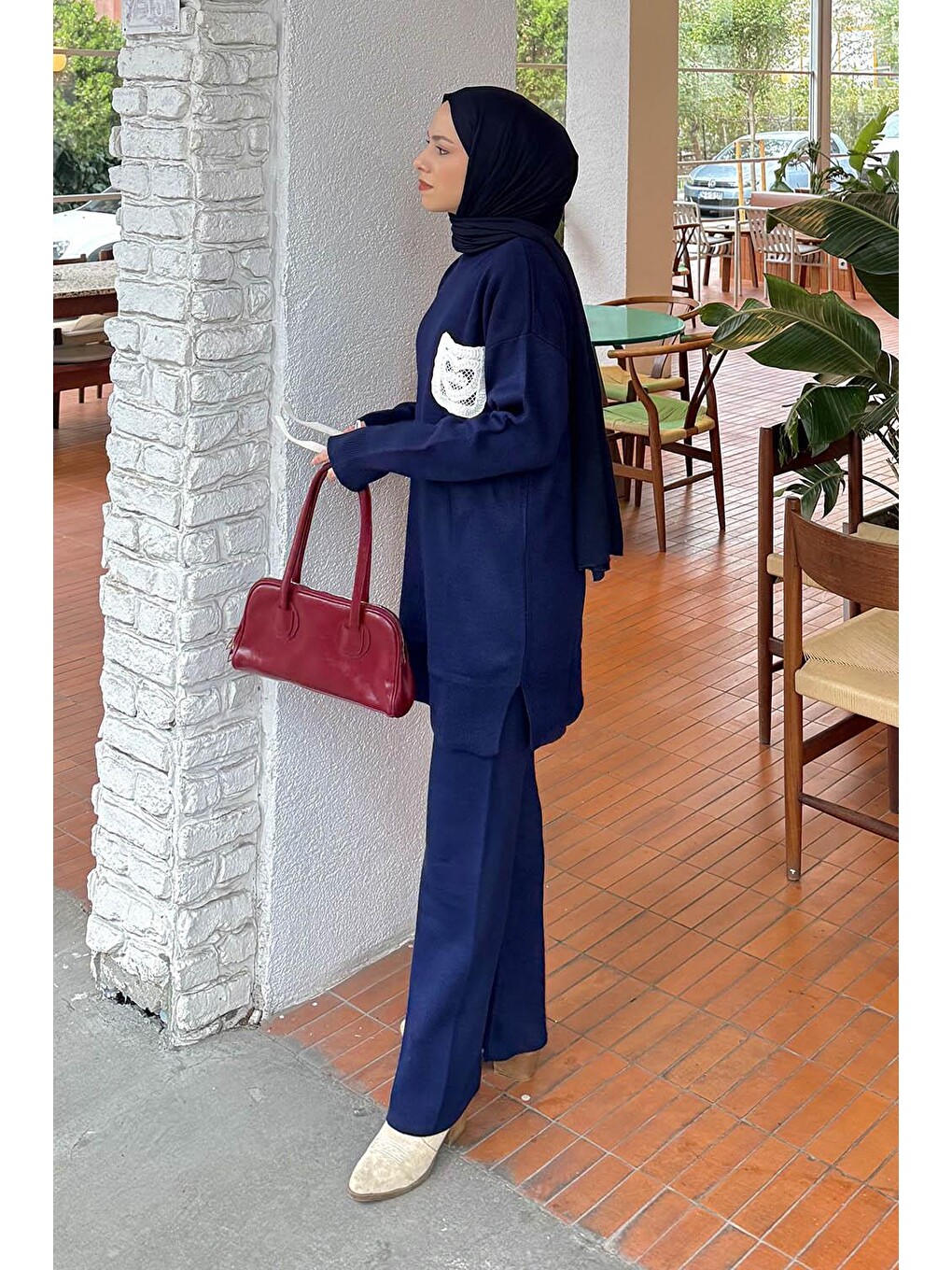 Dantel Cep Detaylı Triko Takım Lacivert-1