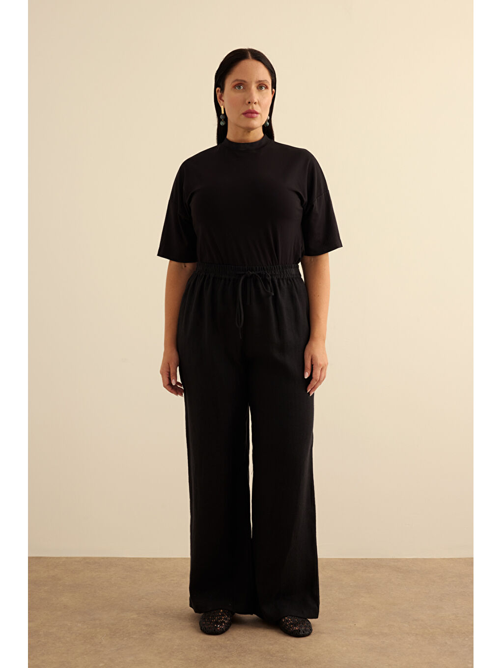 Siyah Beli Lastikli Keten Pantolon