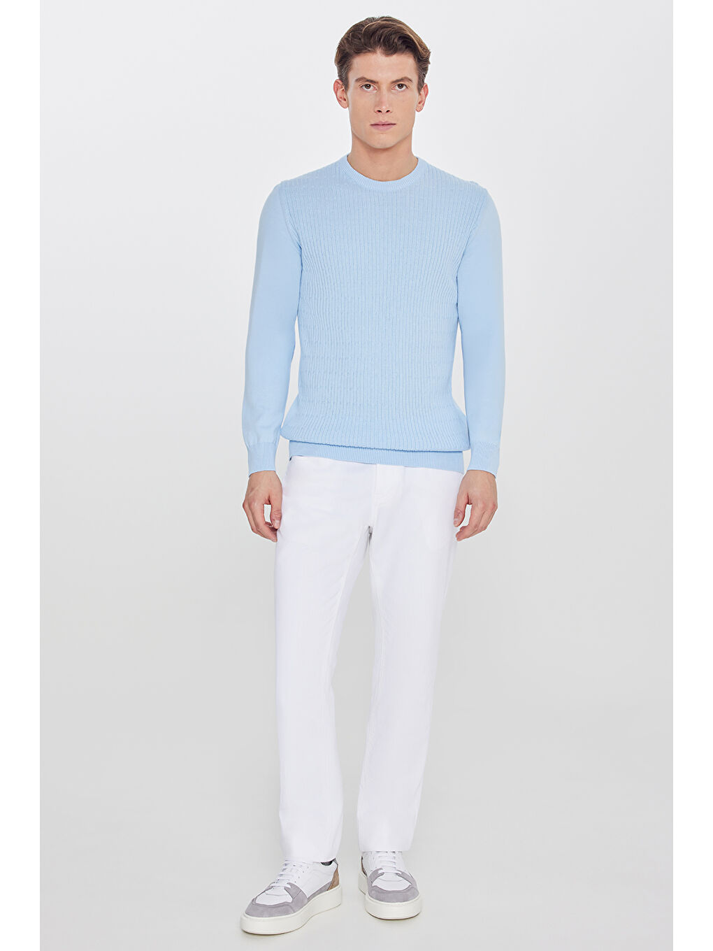 Erkek Buz Mavisi %100 Pamuk Standart Fit Normal Kesim Bisiklet Yaka Jakarlı Triko Kazak-1