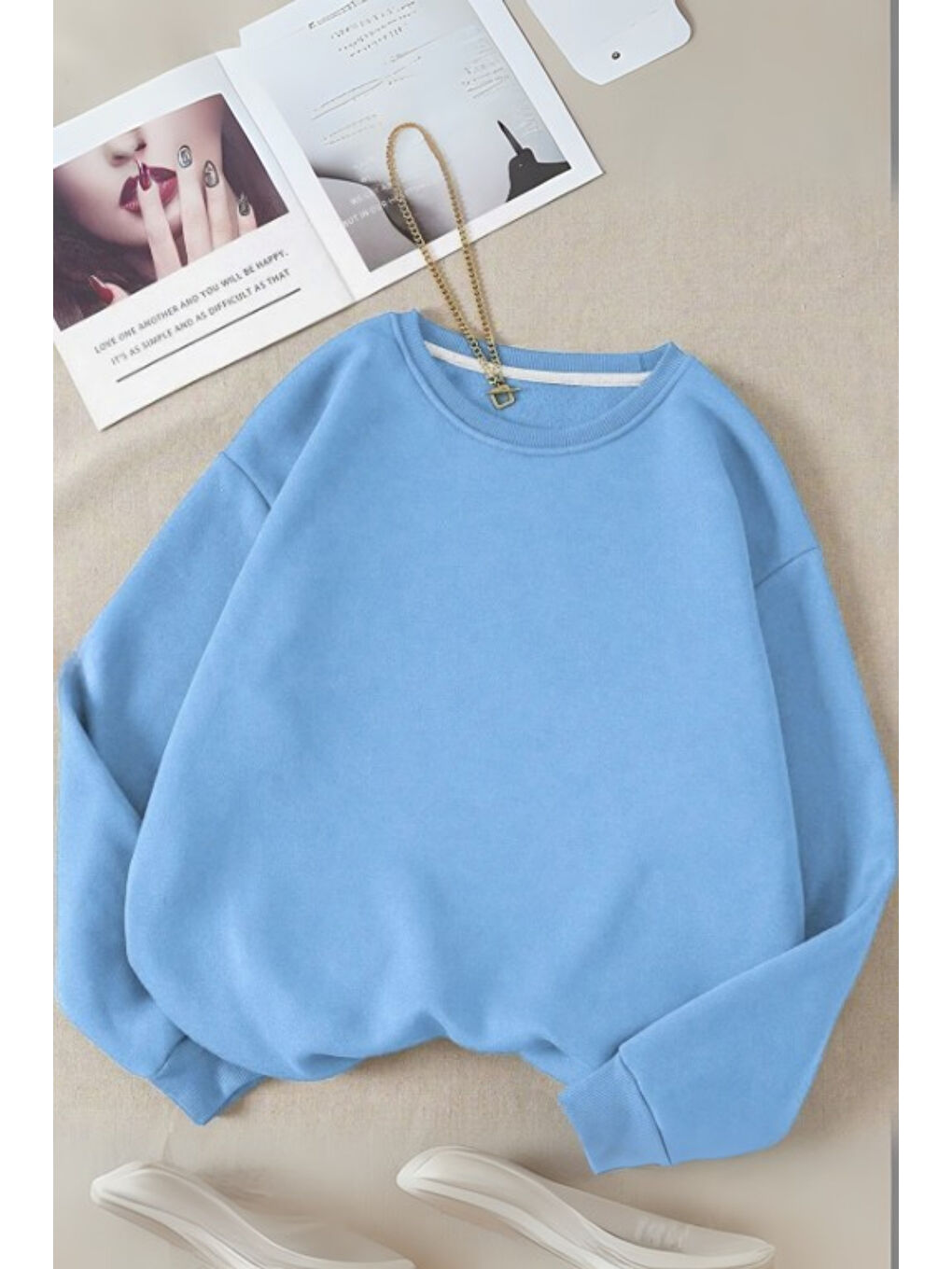 Kadın 3 Iplik Bebe Mavisi Düz Bisiklet Yaka Sweatshirt