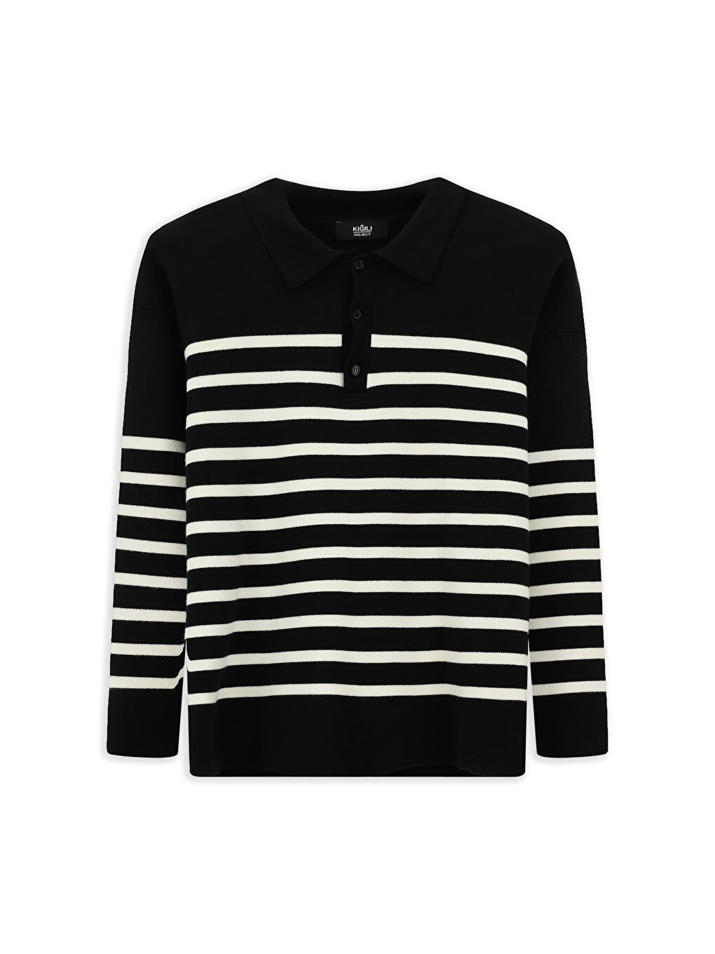 Siyah Polo Yaka Oversize Ekstra Rahat Kesim Çizgili Triko Kazak-5