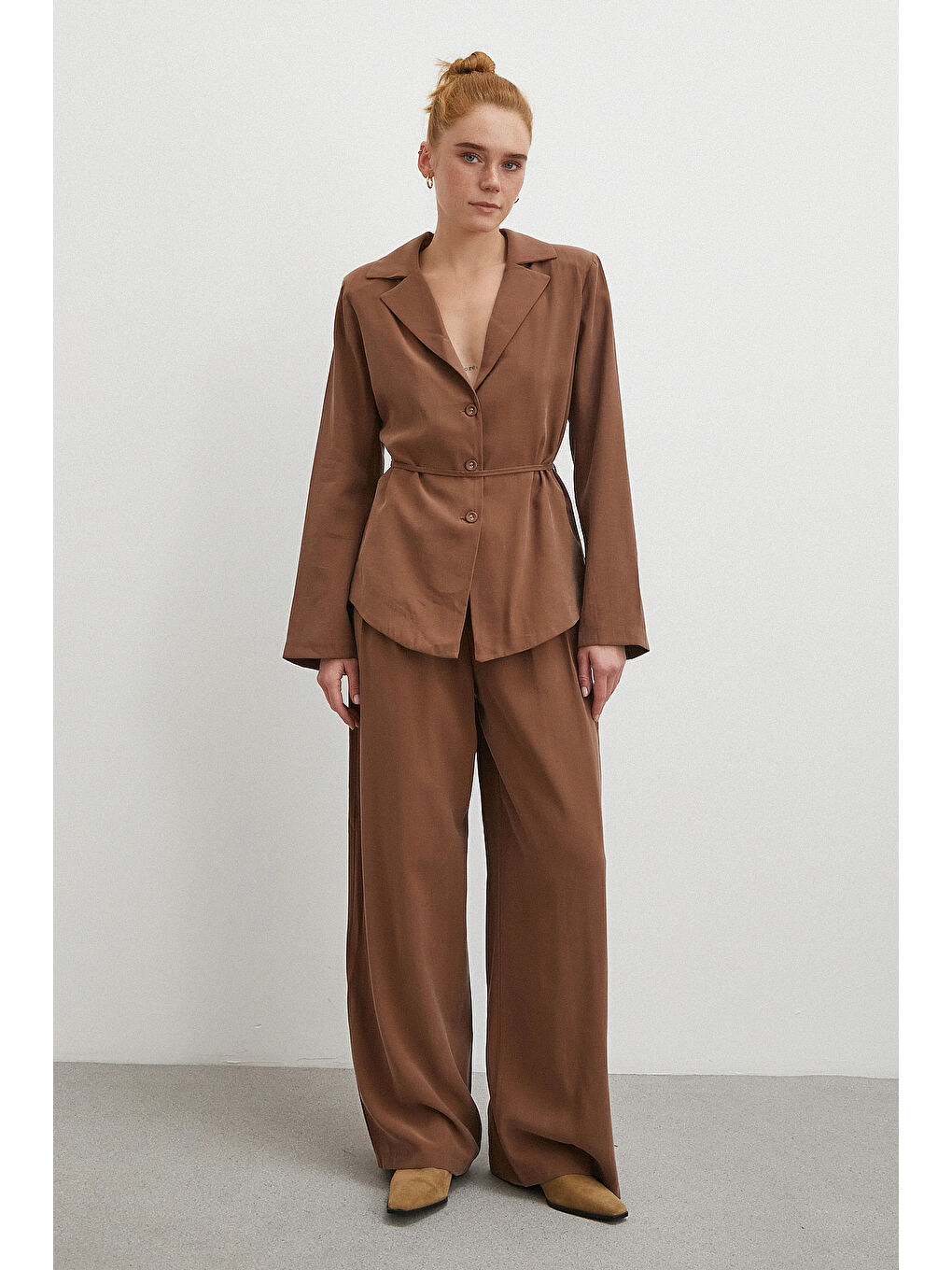 Karışık Gömlek Pantolon Modal Takım Kahve-1