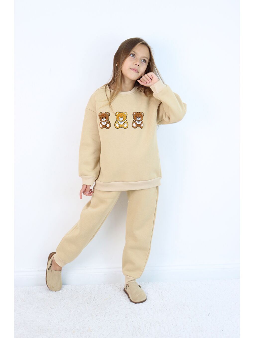 Ekru Kız Çocuk 3'lü Ayıcık Nakışlı 3 İplik Oversize Şardonlu Takım-3