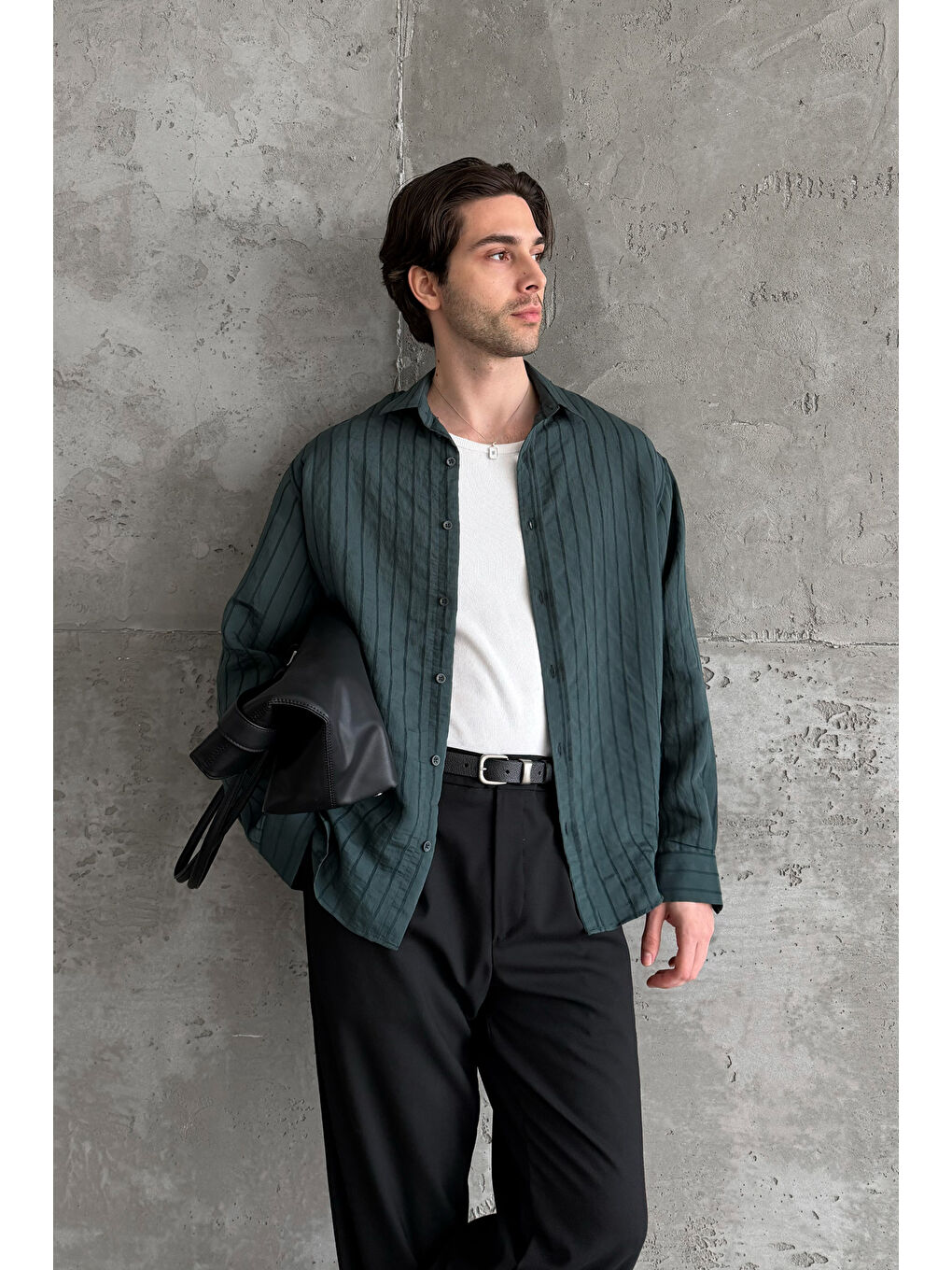 Petrol Erkek Oversize Çizgili Modal Gömlek-8
