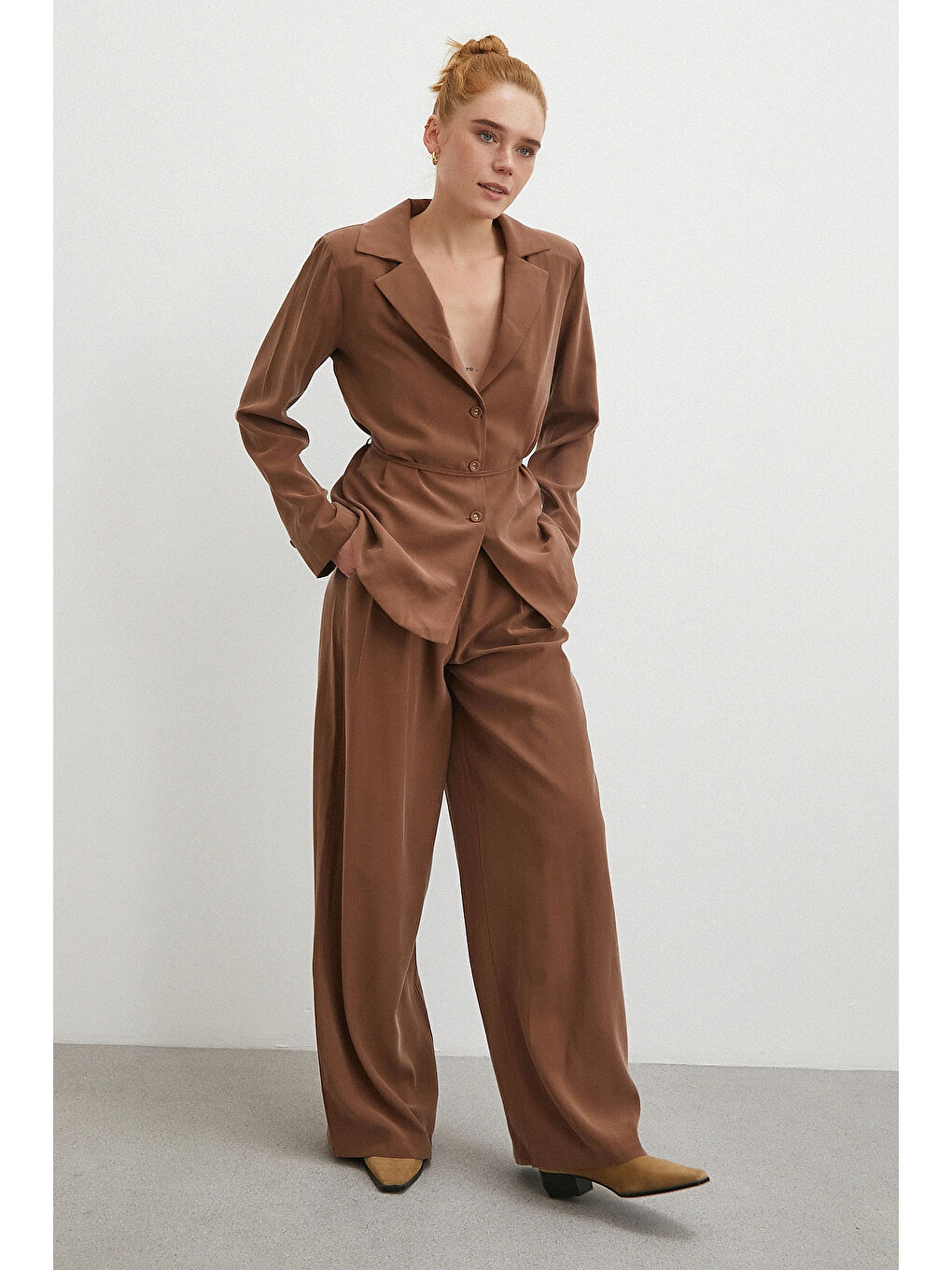 Karışık Gömlek Pantolon Modal Takım Kahve-2