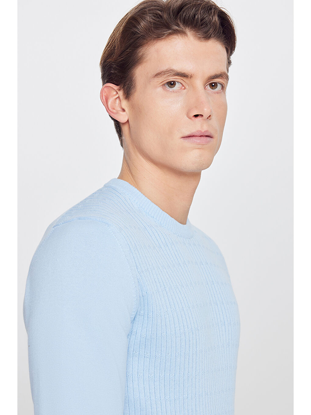 Erkek Buz Mavisi %100 Pamuk Standart Fit Normal Kesim Bisiklet Yaka Jakarlı Triko Kazak-3