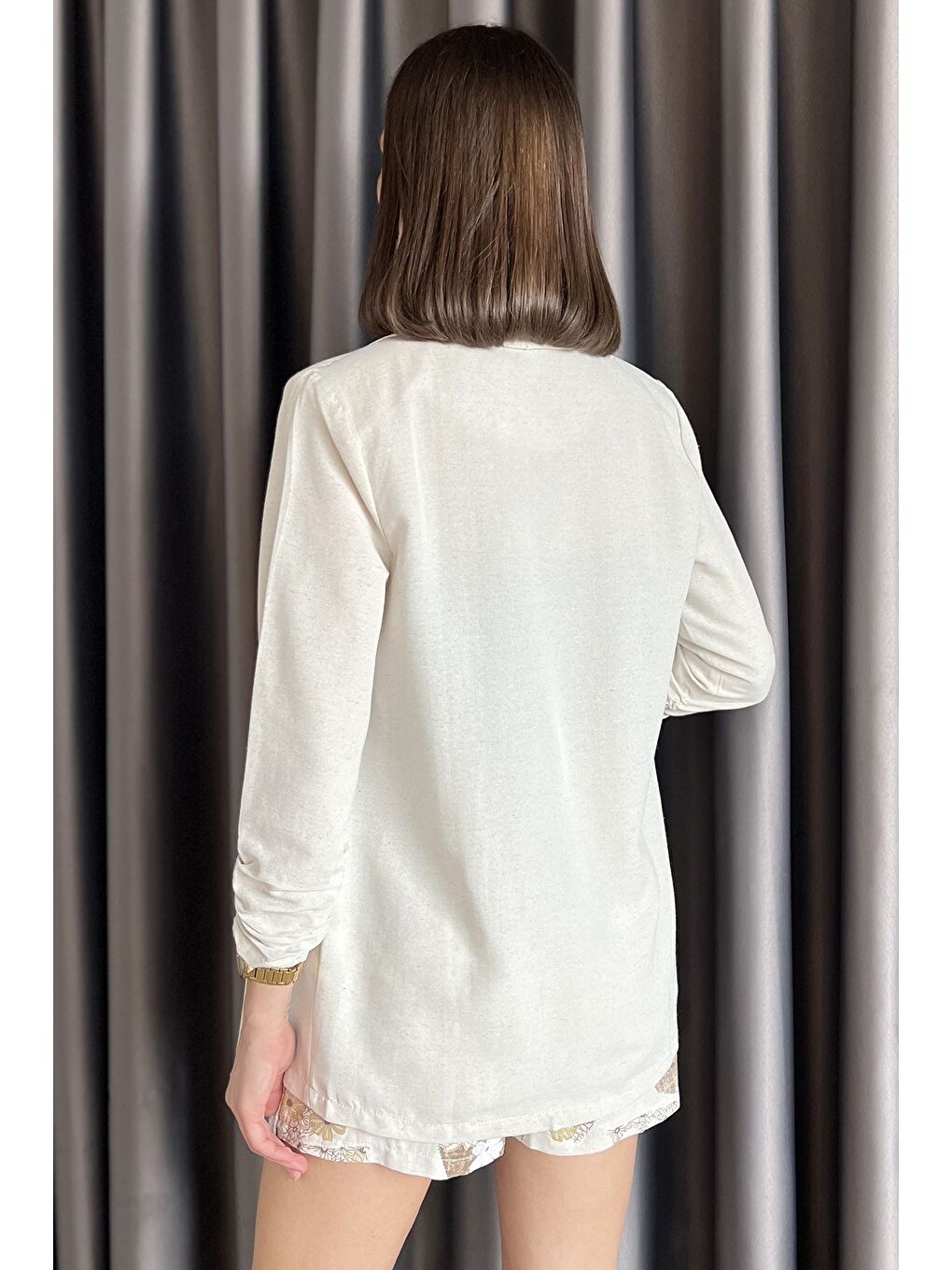 Bej Kadın Kol Büzgü Detaylı Keten Ceket-2