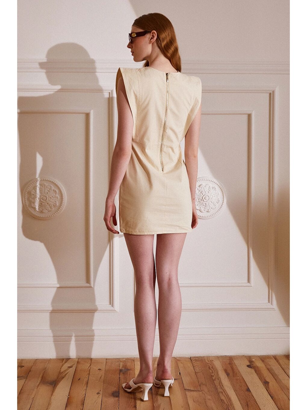 Sıfır Kol Gabardin Elbise Ekru-5