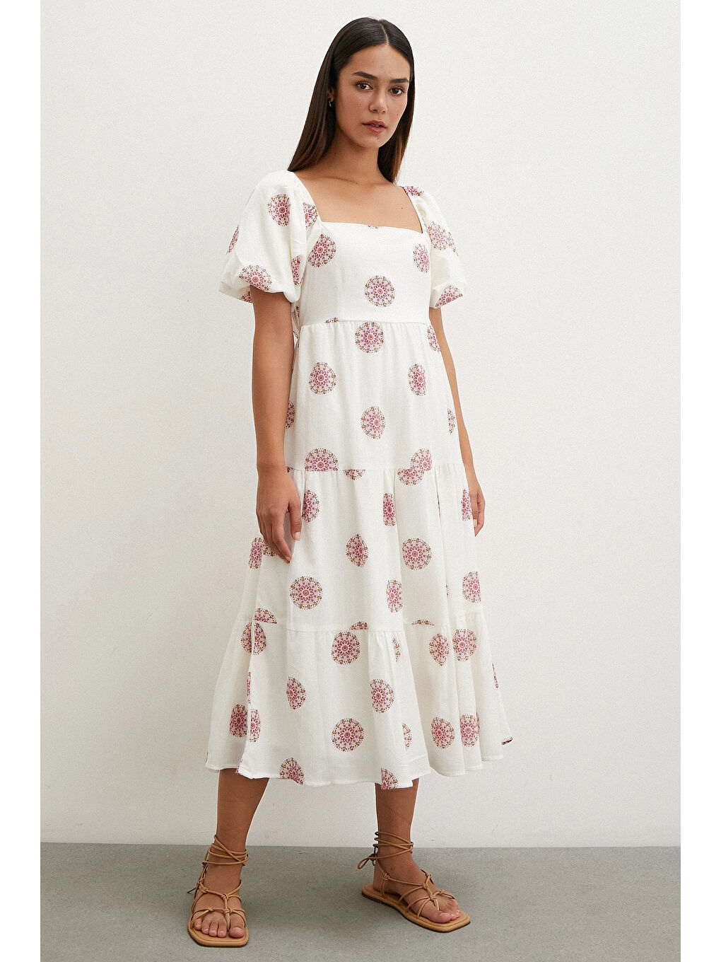 Sırtı Fiyonklu Keten Elbise Pembe-4