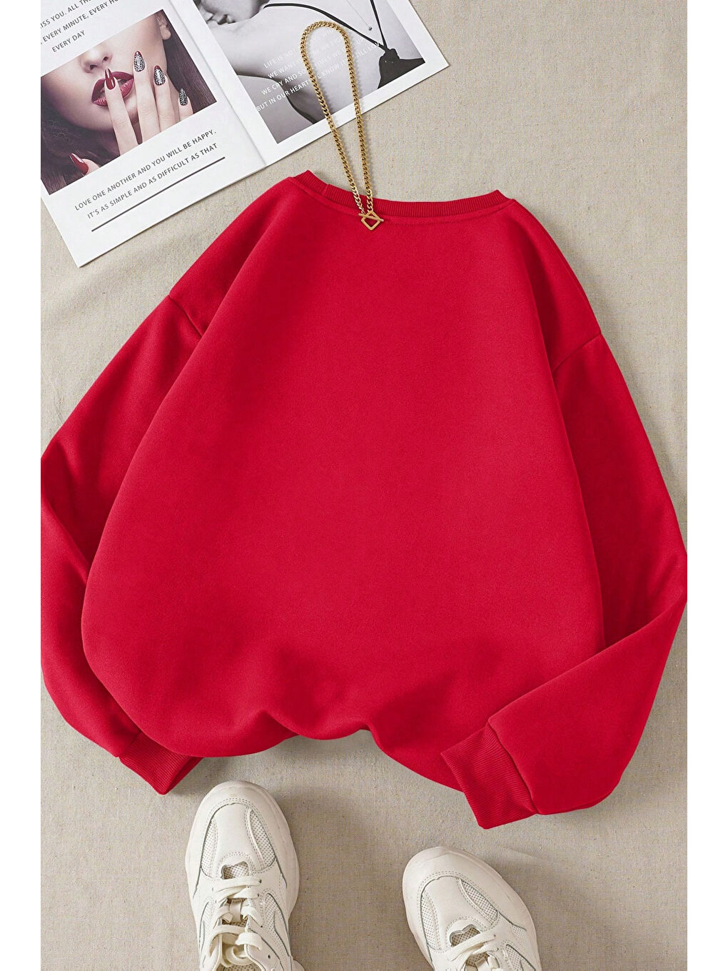 Kadın 3 Iplik Kırmızı Düz Bisiklet Yaka Sweatshirt-1