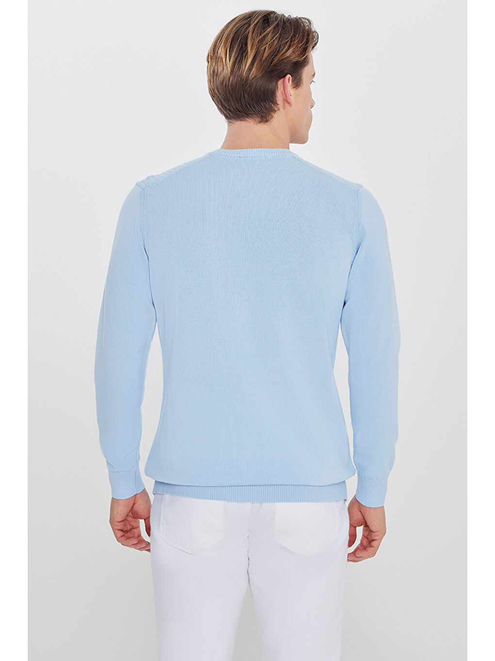 Erkek Buz Mavisi %100 Pamuk Standart Fit Normal Kesim Bisiklet Yaka Jakarlı Triko Kazak-4