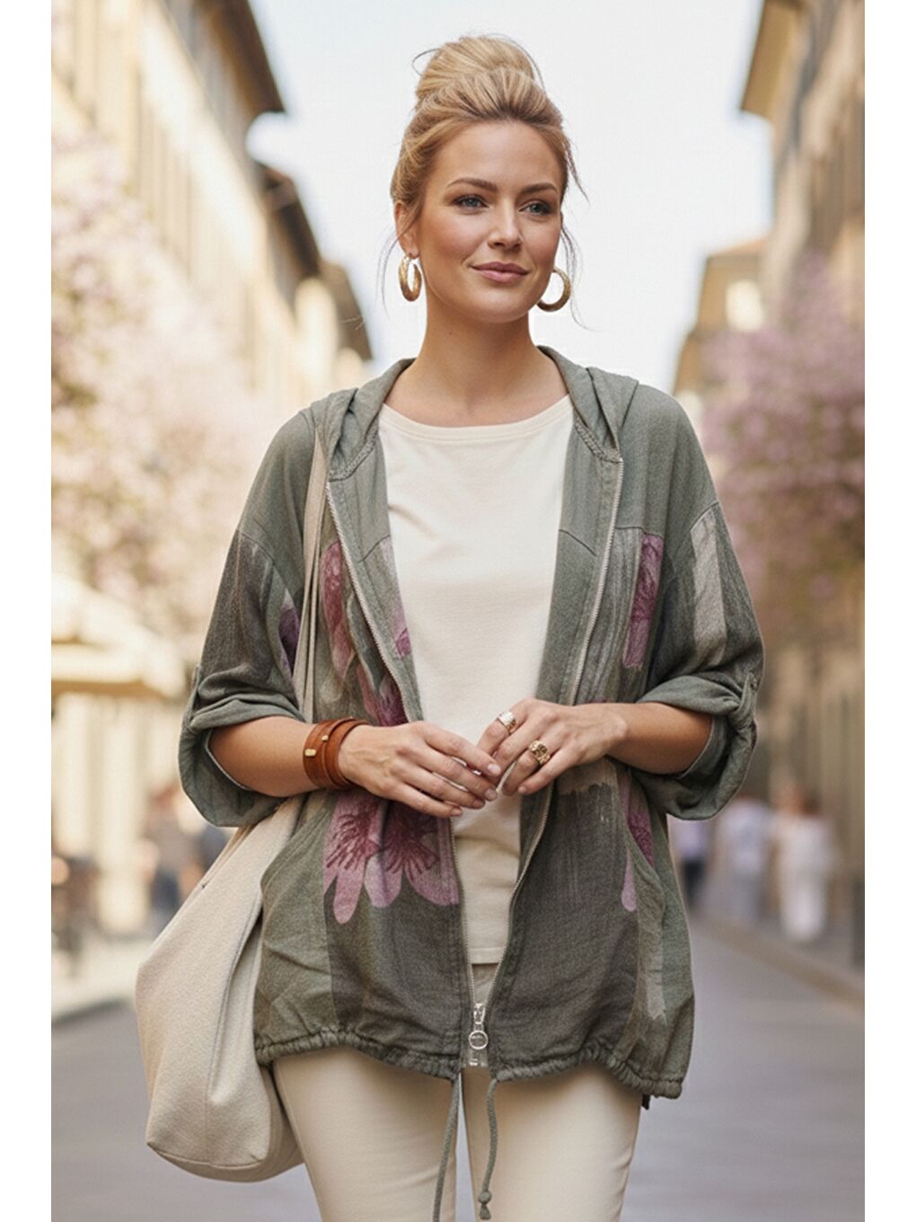 İtalyan Haki Kapüşonlu 3/4 Kol Fermuarlı Cepli Casual Keten Görünümlü Dokuma Ceket 68 65-3