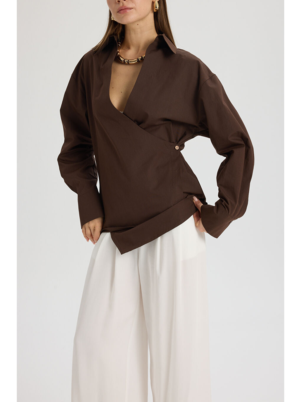 Kahverengi Bran Üçgen Kesim Kahve Gömlek-5