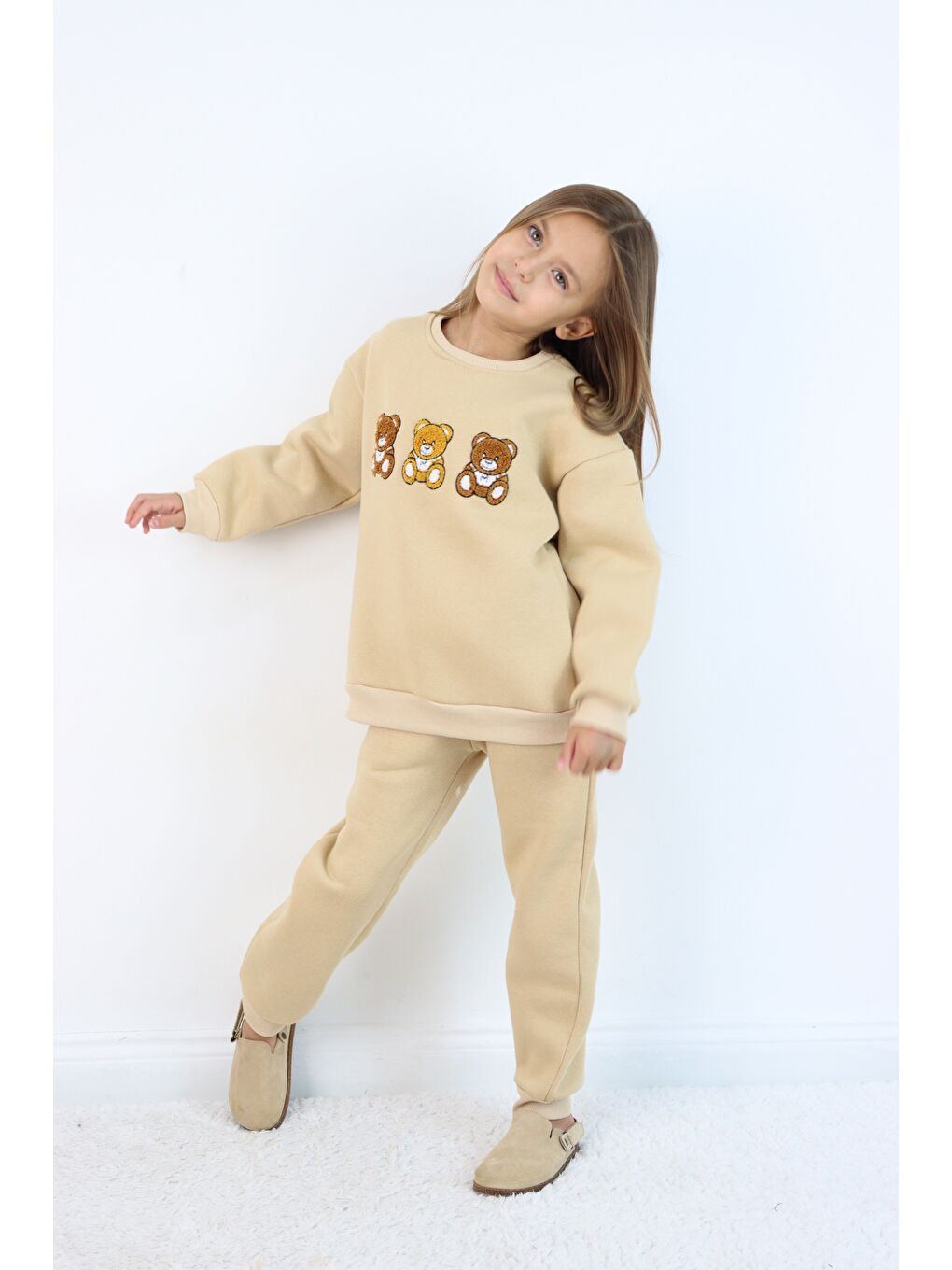 Ekru Kız Çocuk 3'lü Ayıcık Nakışlı 3 İplik Oversize Şardonlu Takım-5