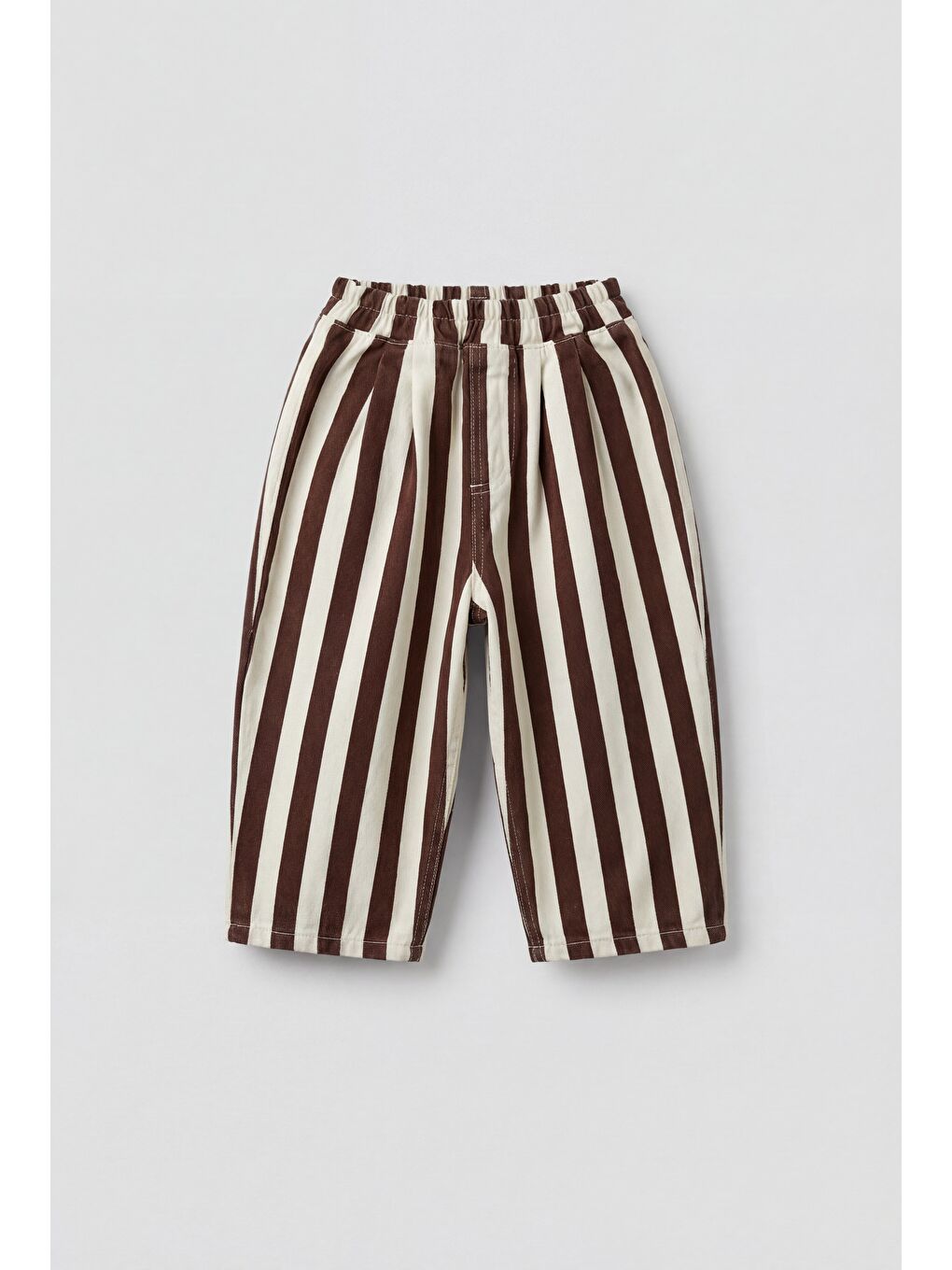 Karışık Unisex Oversize Çocuk Pamuklu Kahverengi Çizgili Pantolon - Elastik Belli