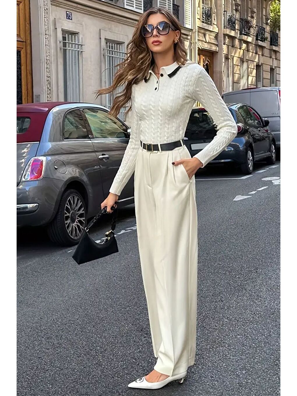 Ekru Polo Yaka Yarım Düğmeli Kadın Triko Kazak (s,m,l Uyumludur)-1