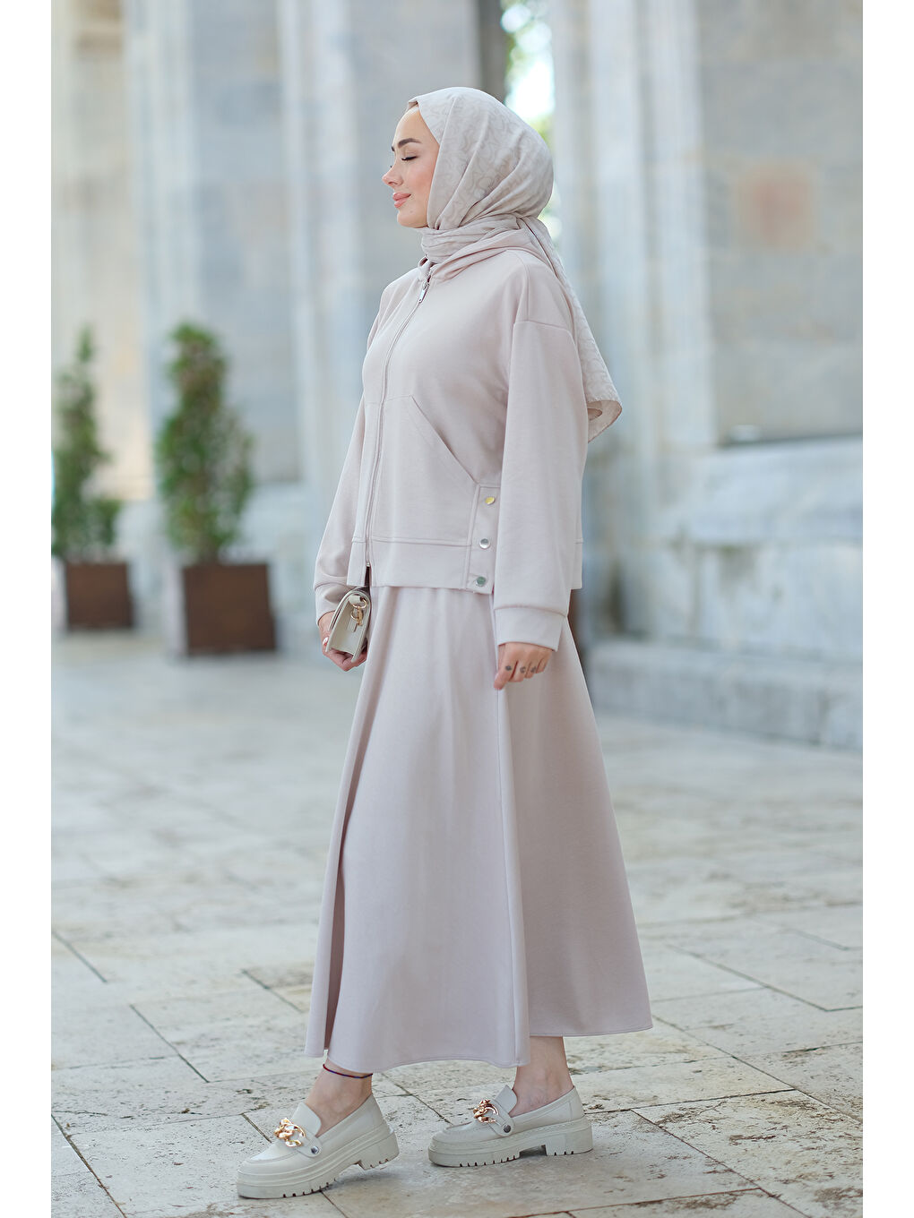 Kapüşonlu Etekli İkili Takım Bej-1