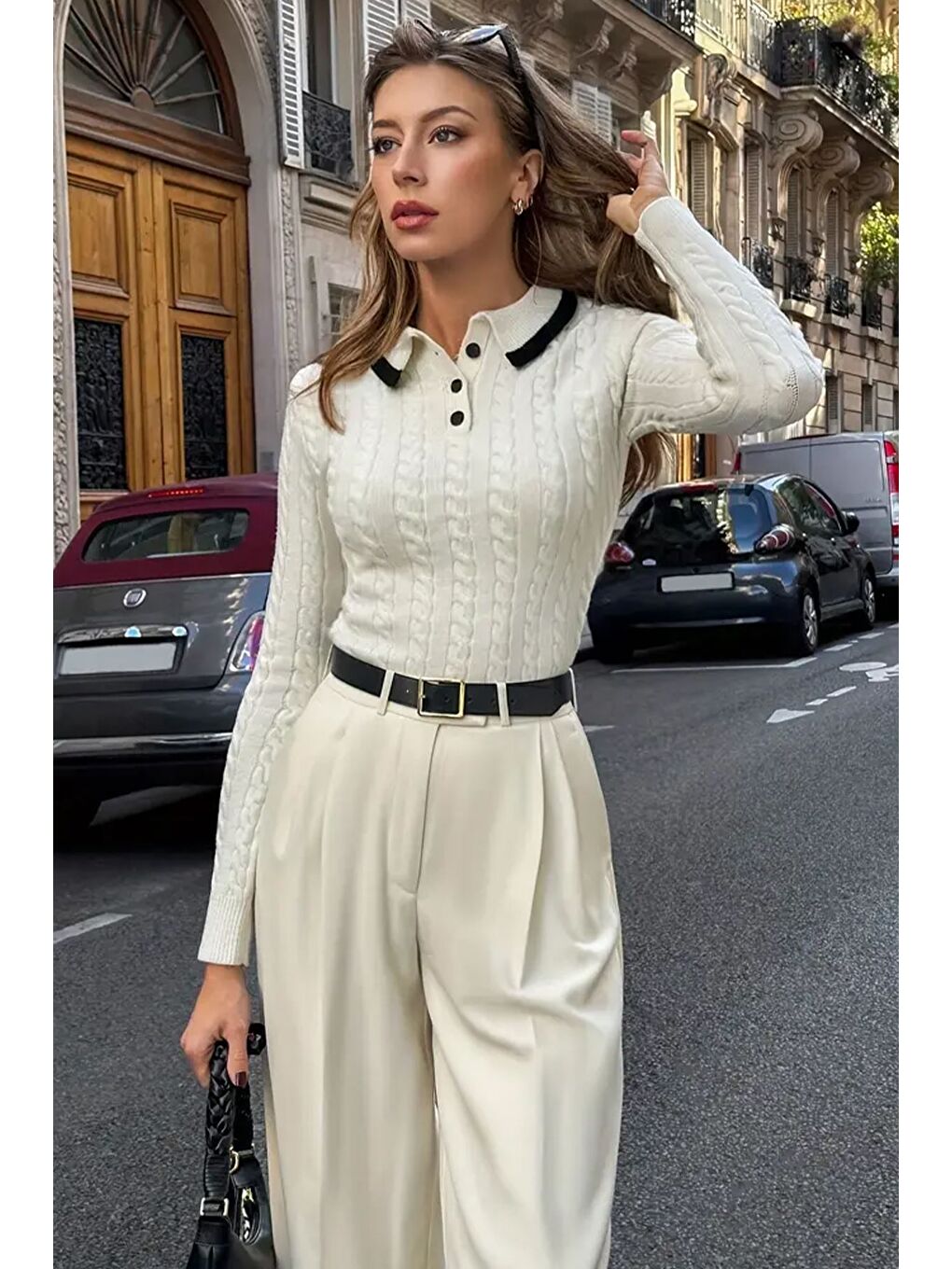 Ekru Polo Yaka Yarım Düğmeli Kadın Triko Kazak (s,m,l Uyumludur)-2