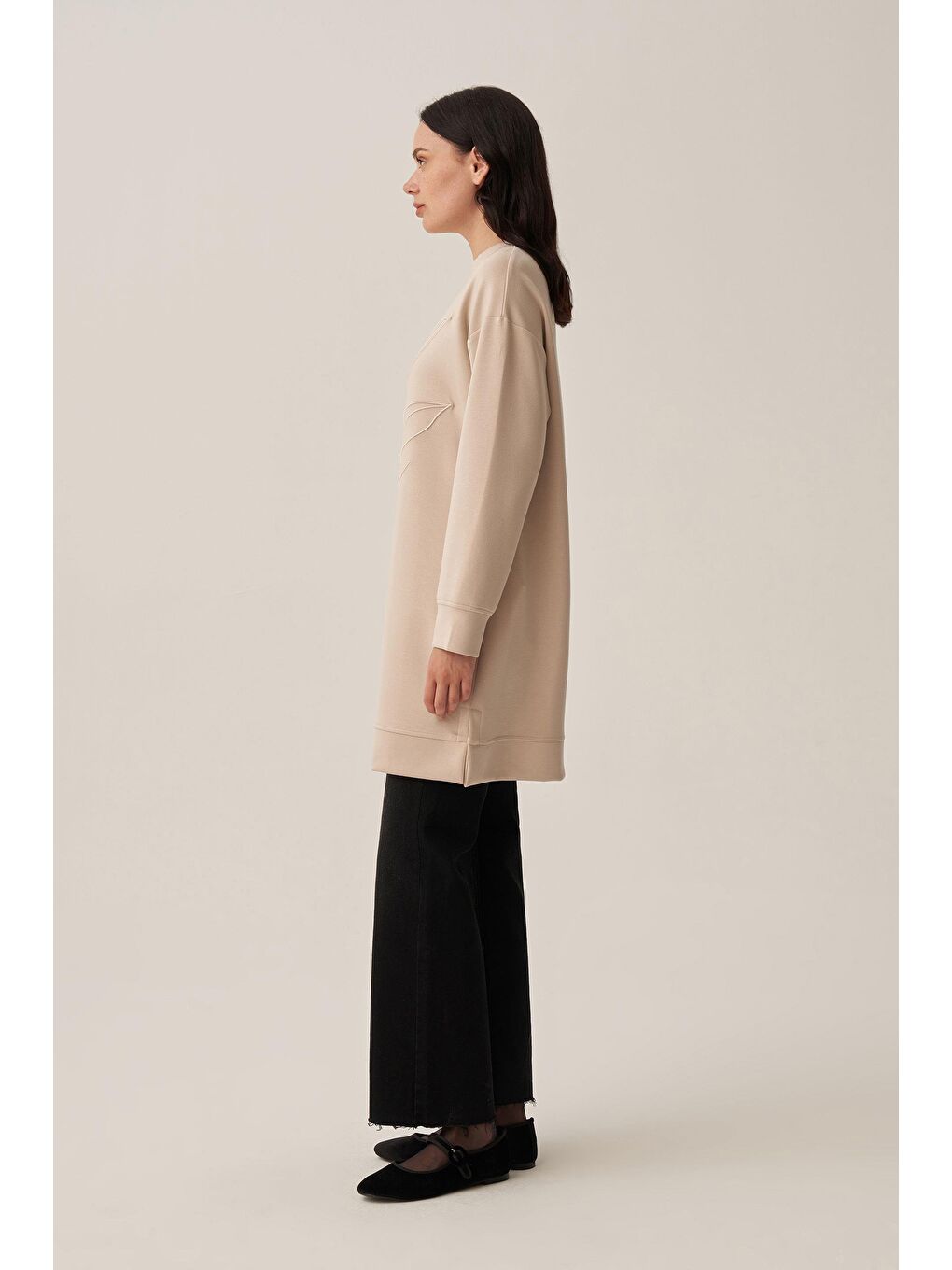 Bej Taş-Yumuşak Dokulu Nakışlı Sweatshirt-1