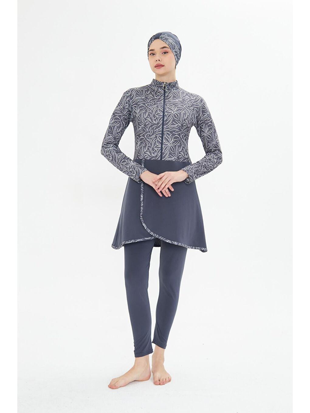 Tam Kapalı Elastanlı Desenli Etekli Tesettür Mayo Antrasit 3483-A