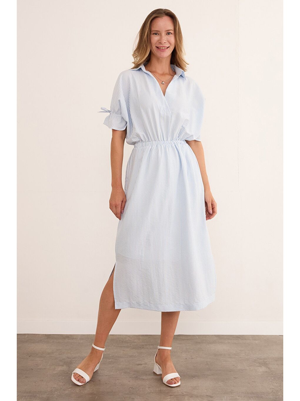 Mavi Çizgili Gömlek Yaka Beli Ve Kolu Lastikli Elbise