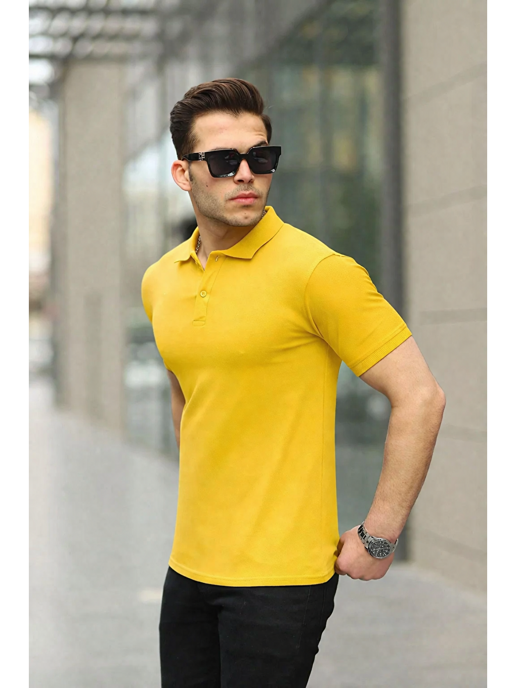 Sarı Erkek Kıvrılmaz Polo Yaka Cepsiz Slim Fit Dar Kesim Düz T-Shirt-1