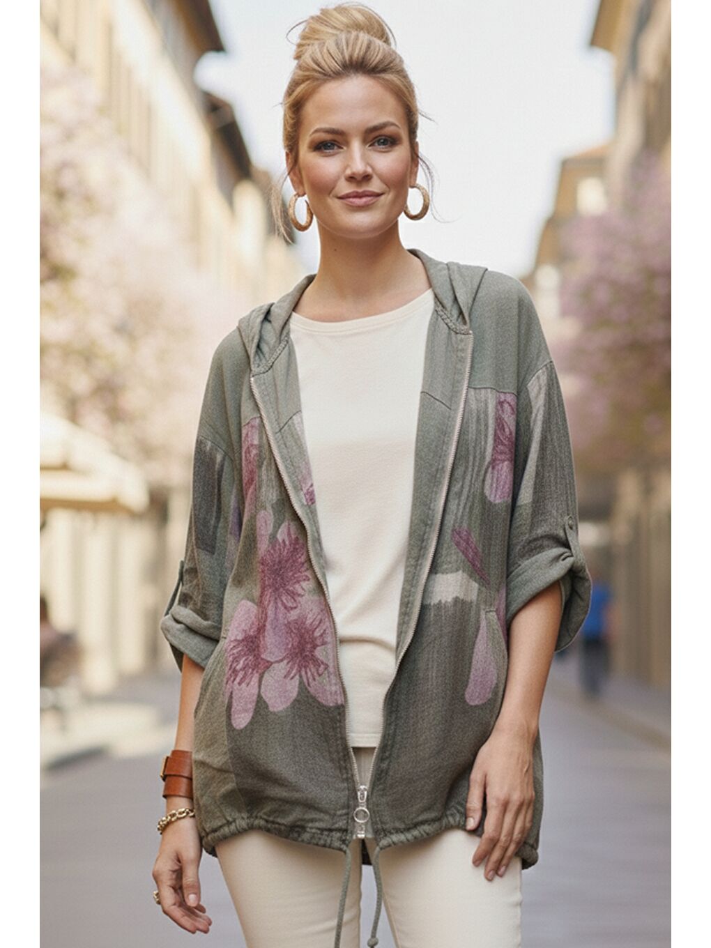 İtalyan Haki Kapüşonlu 3/4 Kol Fermuarlı Cepli Casual Keten Görünümlü Dokuma Ceket 68 65-4