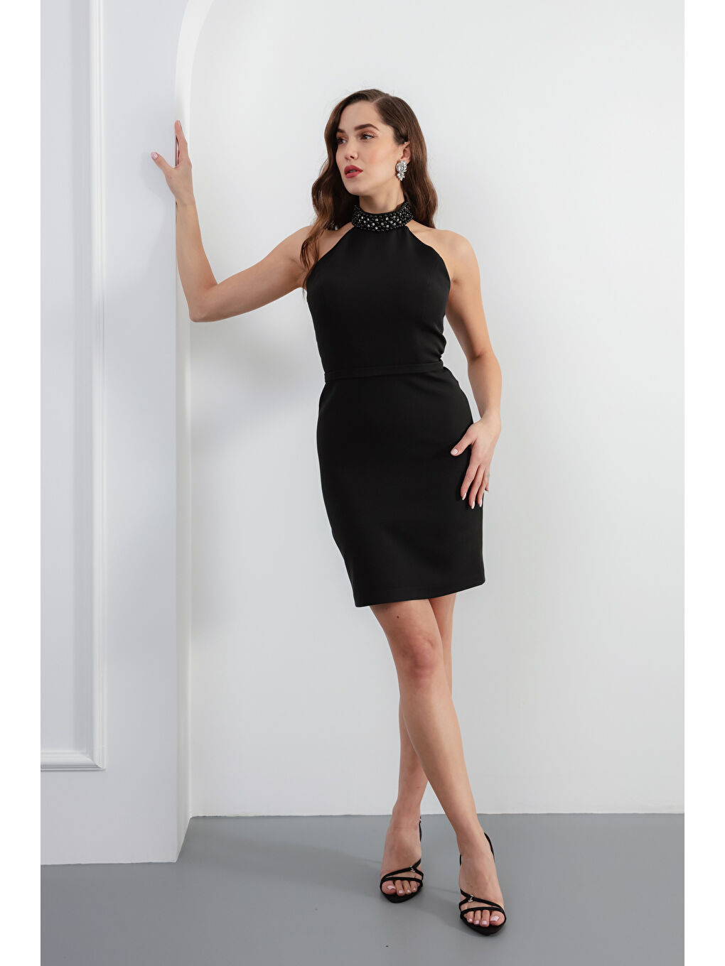 Kadın Siyah İncili Mini Abiye Elbise