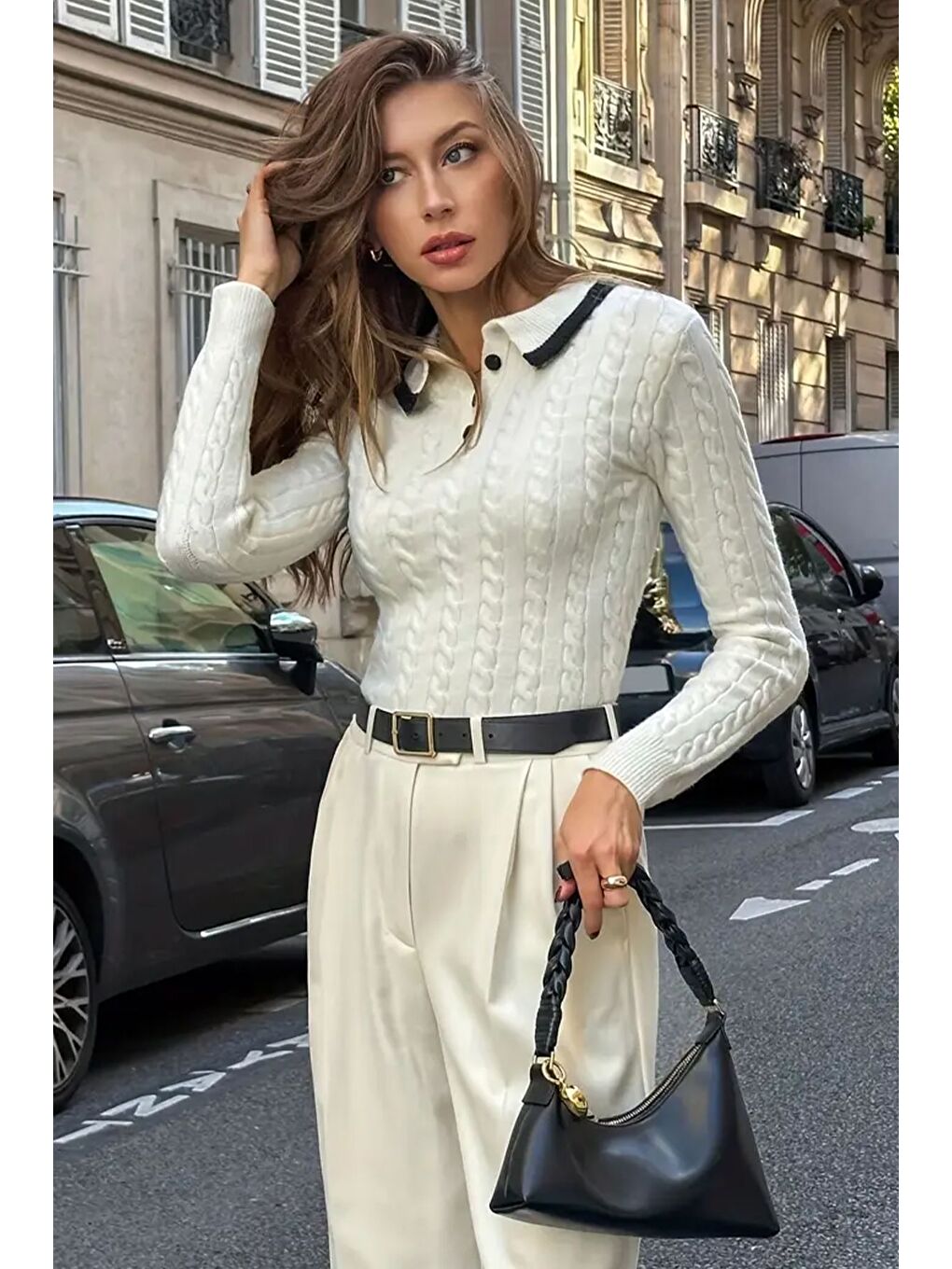 Ekru Polo Yaka Yarım Düğmeli Kadın Triko Kazak (s,m,l Uyumludur)-4