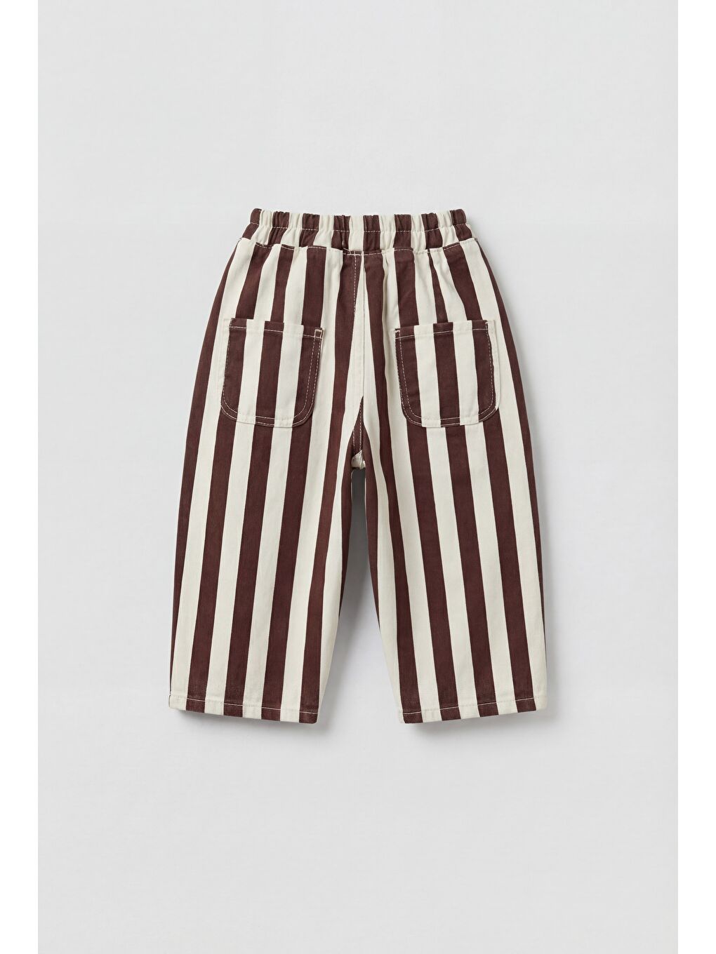 Karışık Unisex Oversize Çocuk Pamuklu Kahverengi Çizgili Pantolon - Elastik Belli-1