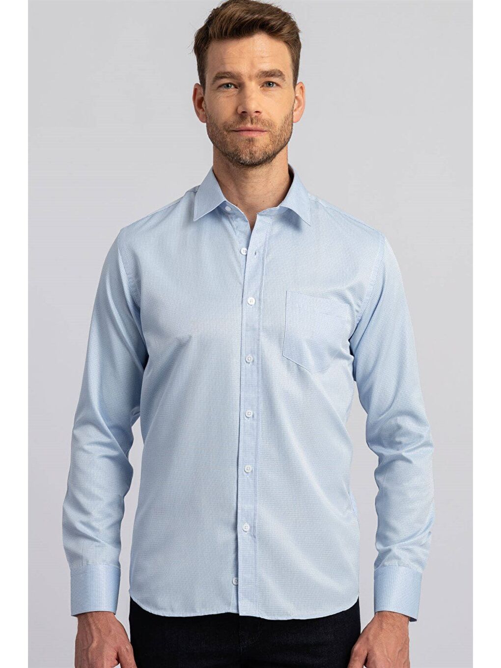 Erkek Regular Fit Normal Kesim Pamuklu Kolay Ütü Çizgili Mavi Gömlek-1