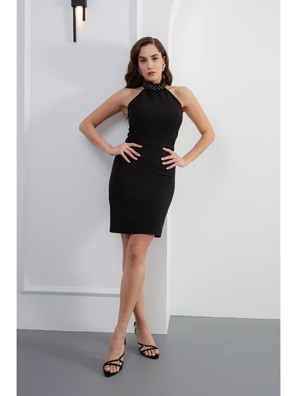 Kadın Siyah İncili Mini Abiye Elbise-1