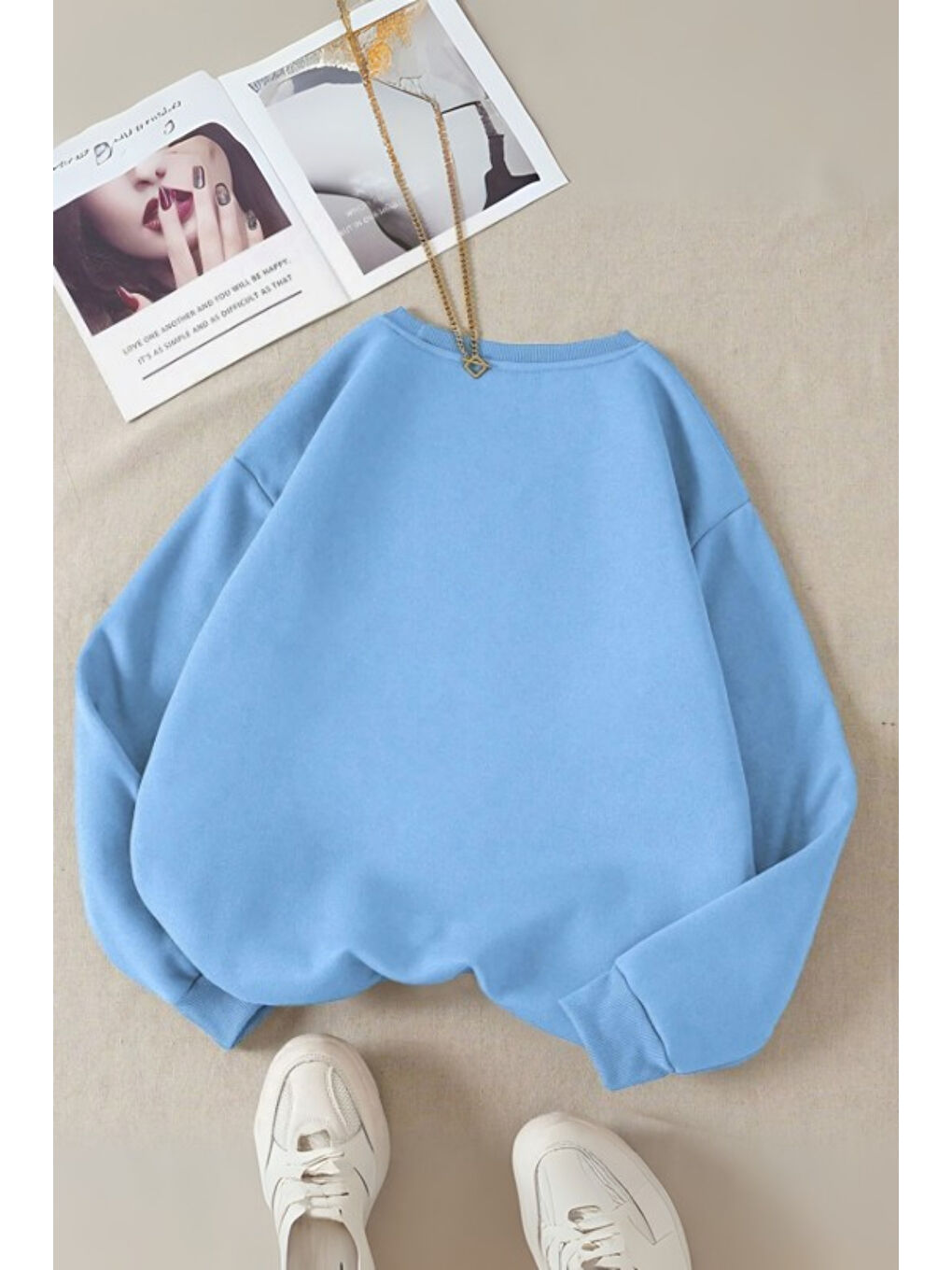 Kadın 3 Iplik Bebe Mavisi Düz Bisiklet Yaka Sweatshirt-1