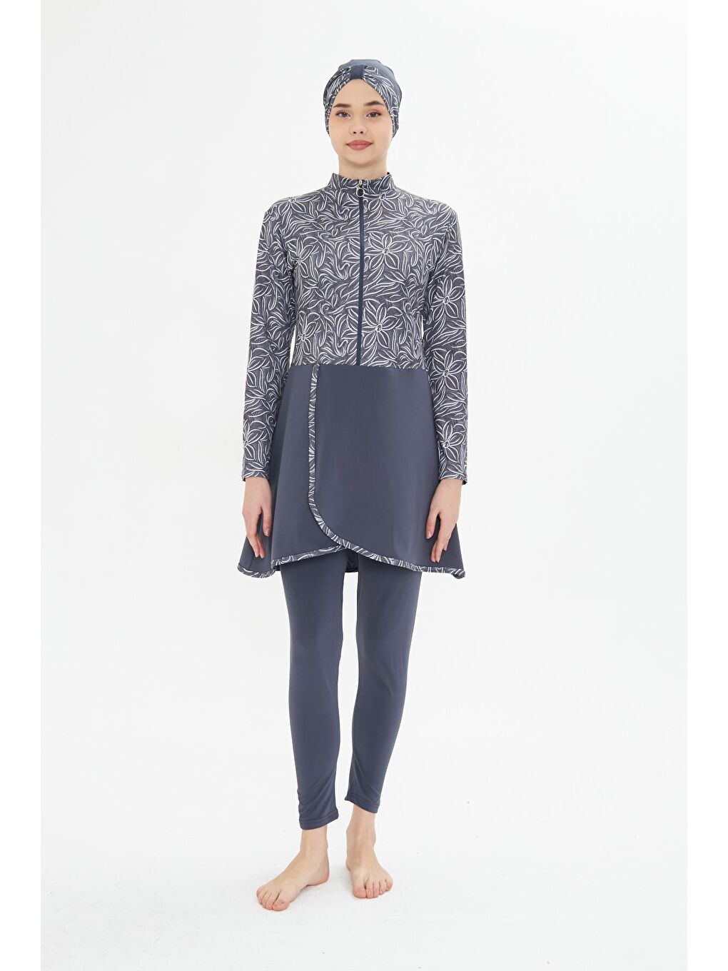 Tam Kapalı Elastanlı Desenli Etekli Tesettür Mayo Antrasit 3483-A-1