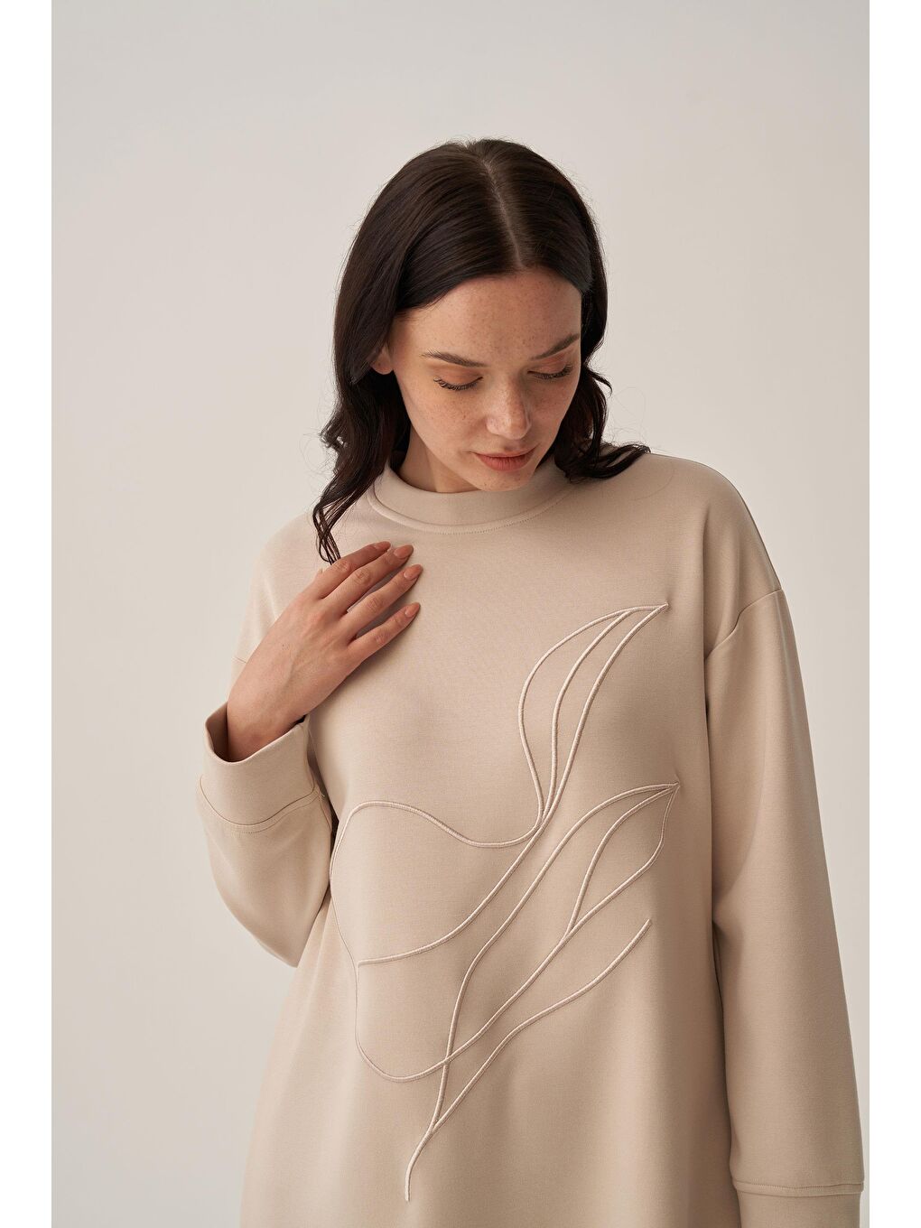 Bej Taş-Yumuşak Dokulu Nakışlı Sweatshirt-3
