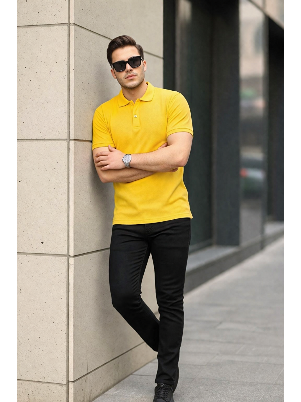 Sarı Erkek Kıvrılmaz Polo Yaka Cepsiz Slim Fit Dar Kesim Düz T-Shirt-2