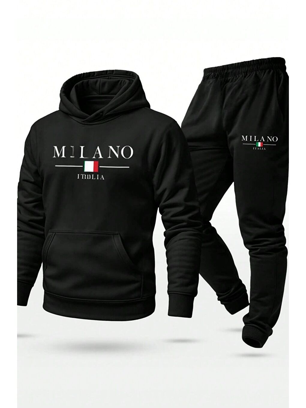 Erkek Tam Siyah Milano Baskı Oversize Kesim Alt Üst Uzun Kollu Eşofman Takımı