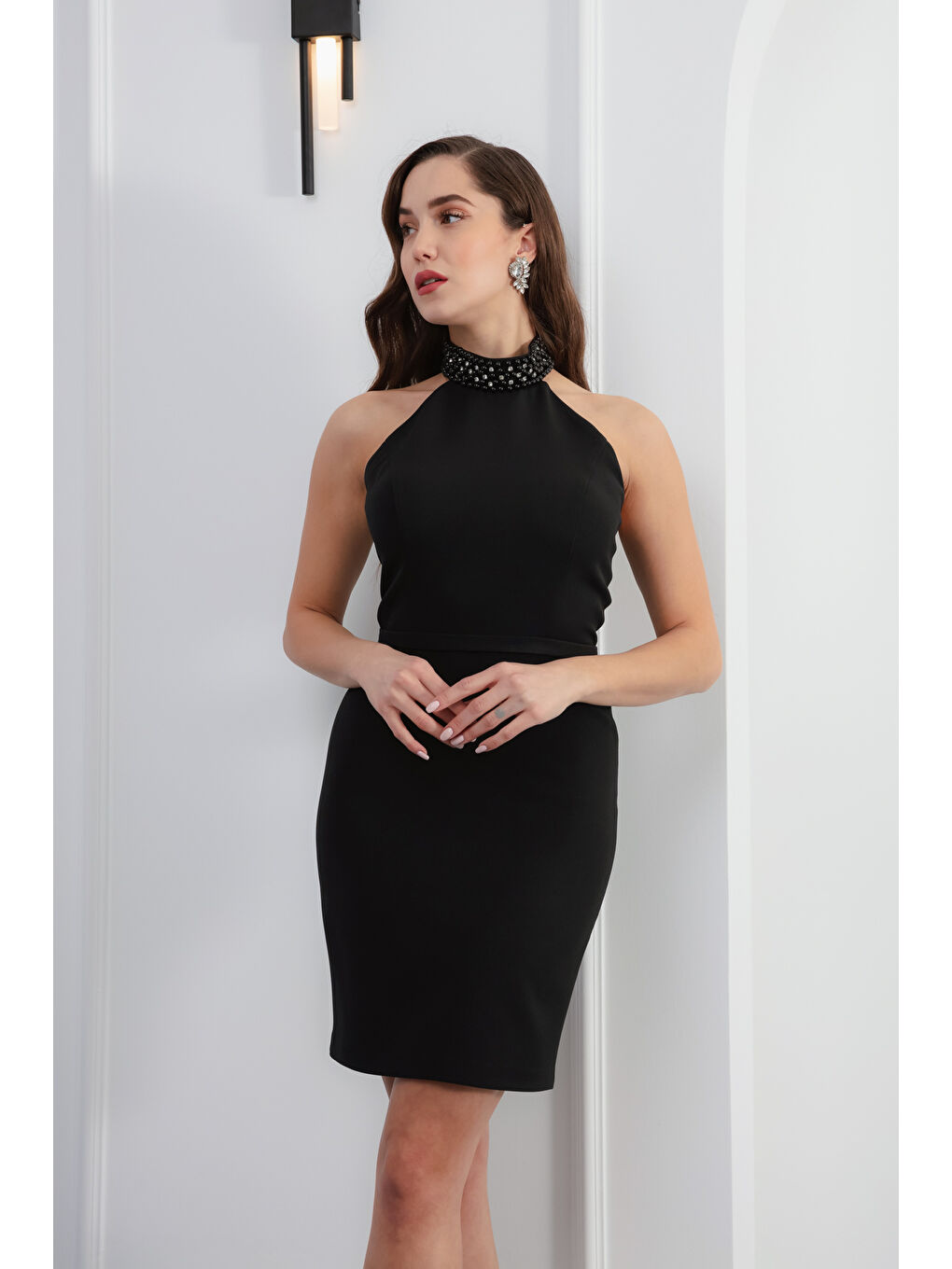 Kadın Siyah İncili Mini Abiye Elbise-2