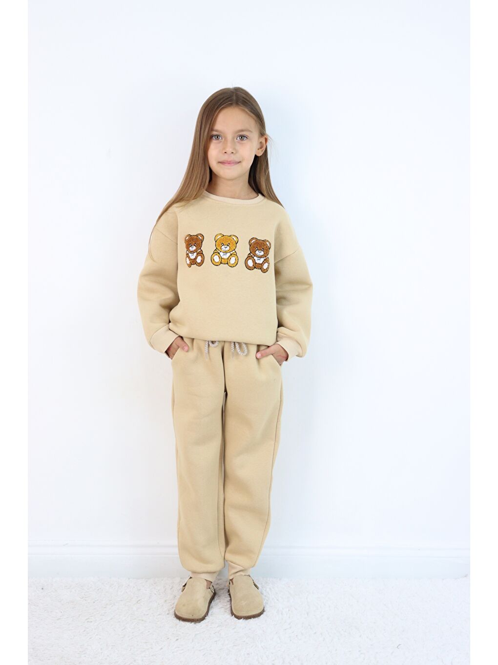 Ekru Kız Çocuk 3'lü Ayıcık Nakışlı 3 İplik Oversize Şardonlu Takım-6