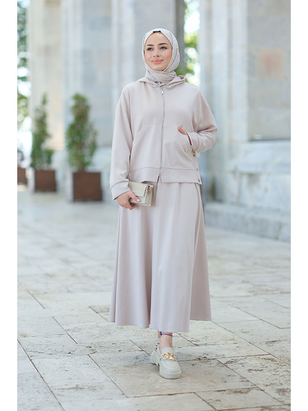 Kapüşonlu Etekli İkili Takım Bej-2