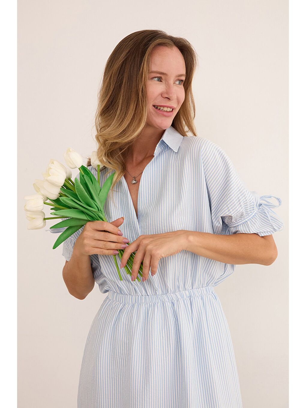 Mavi Çizgili Gömlek Yaka Beli Ve Kolu Lastikli Elbise-1