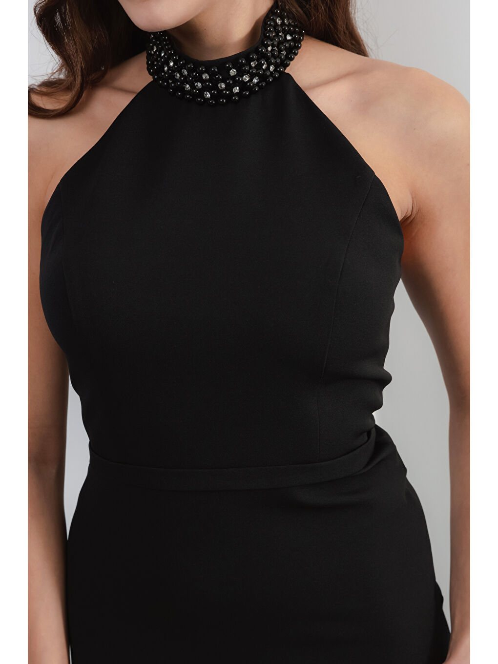 Kadın Siyah İncili Mini Abiye Elbise-3