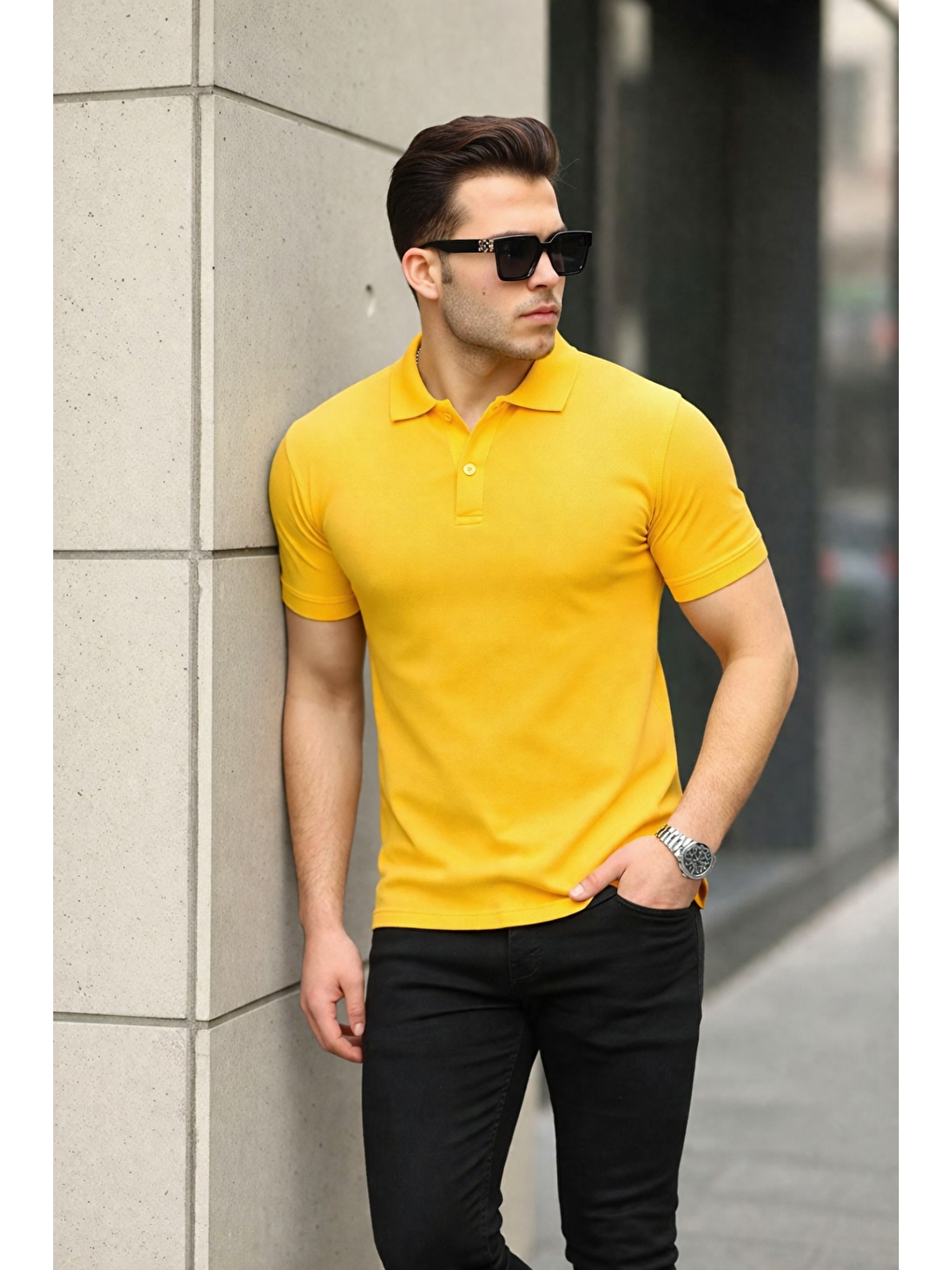 Sarı Erkek Kıvrılmaz Polo Yaka Cepsiz Slim Fit Dar Kesim Düz T-Shirt-3